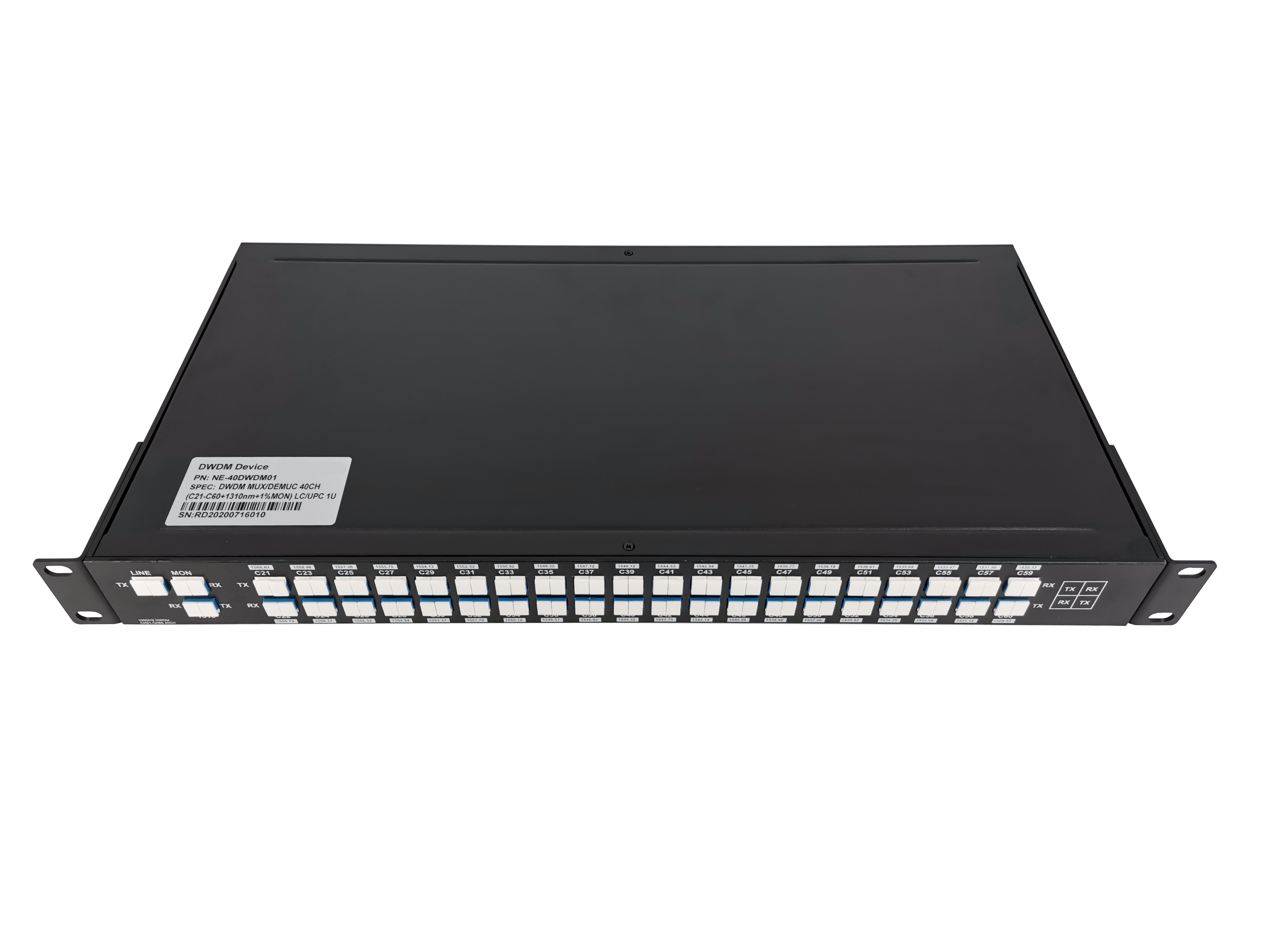 Flat-top 40CH 100GHz C21-C60, Dual Fiber with 1310nm Port and Monitor Port, LC/UPC, DWDM Mux Demux, 1U Rack Mount