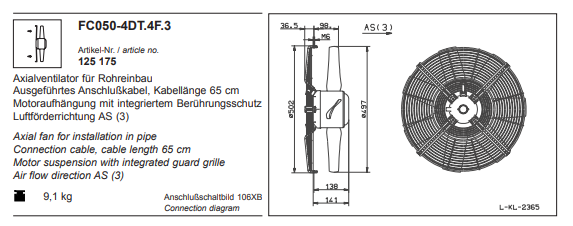 FC050-4DT.4F.3 ZIEHL-ABEGG Axial Fan 3-400V 0.55KW 1.05 A 1380 rpm
