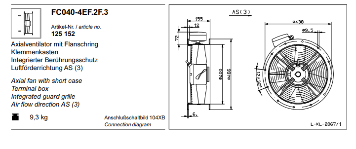 FC040-4EF.2F.3 ZIEHL-ABEGG Axial Fan 230V 0.29 kW 1.45A 1350 rpm