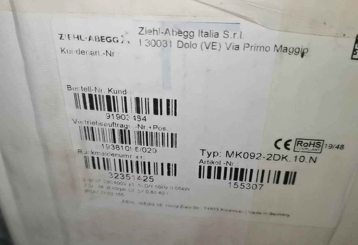 MK092-2DK.10.N
ZIEHL-ABEGG Inverter fan motor, 3 pole, 230/400V, 2640rpm, 0.55kW, 50Hz