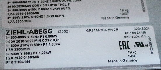 GR31M-2DK.5H.2R 120621 MK115-2DK.12U ZIEHL-ABEGG centrifugal fan 3-500/600/690V 1.3/0.80kW 1.7/0.9A 3300/2610rpm