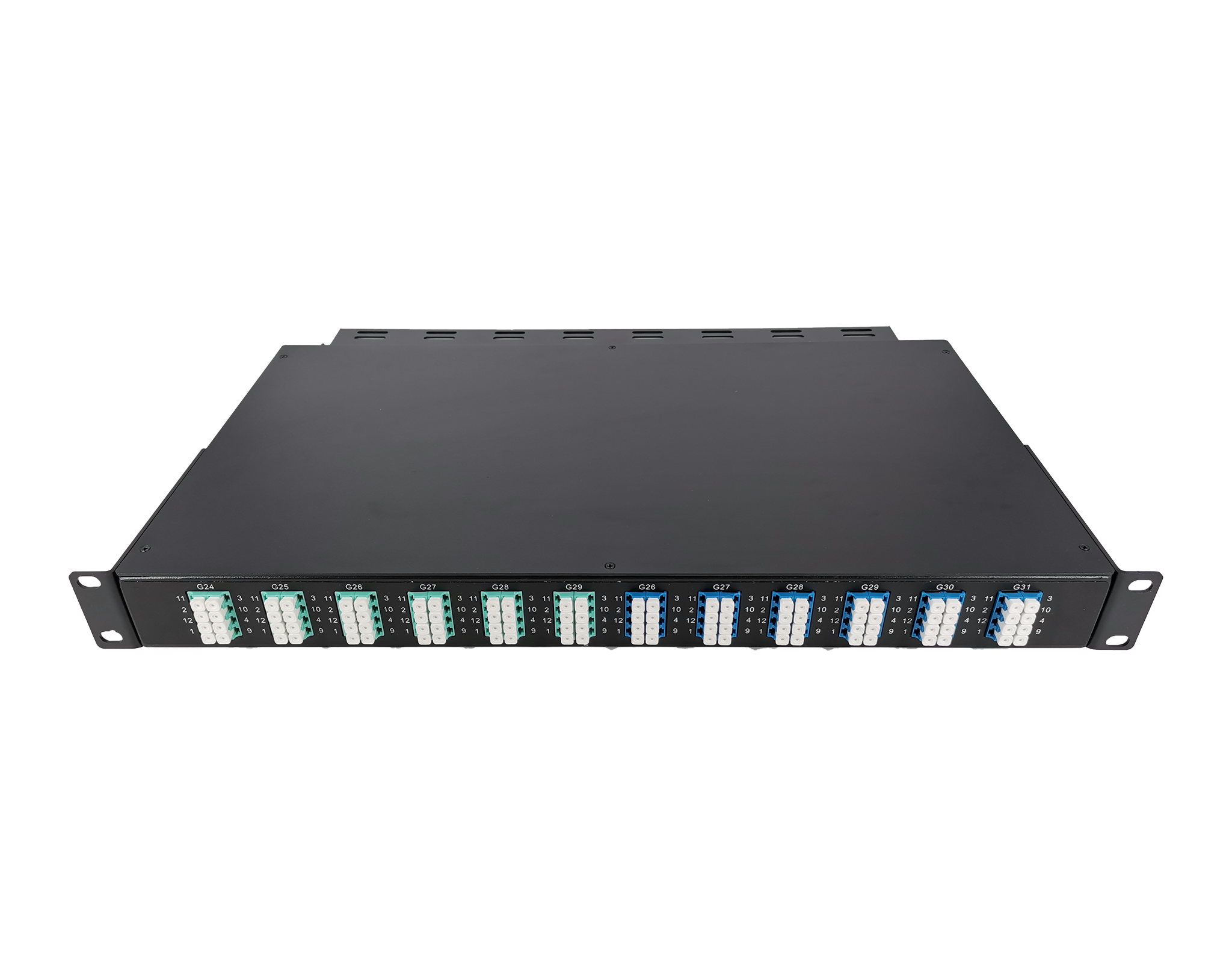 12x MTP®-8, 96 Fibers LC OS2 Single Mode, Universal Polarity, HD1U 1U Breakout Cassette, 40G/100G to 10G/25G