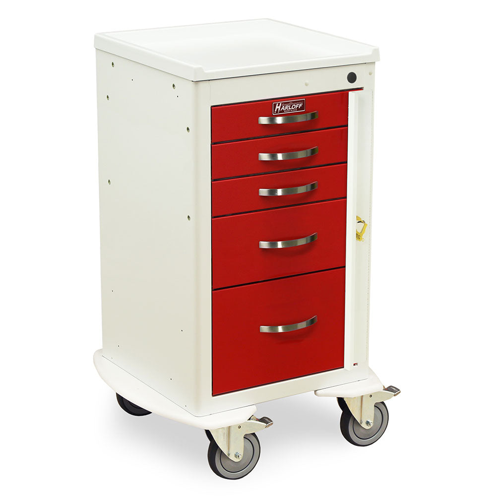 Harloff A-Series Narrow Five Drawer Aluminum Crash Cart, Short Height, Mini Width, Five Drawers, Breakaway Lock