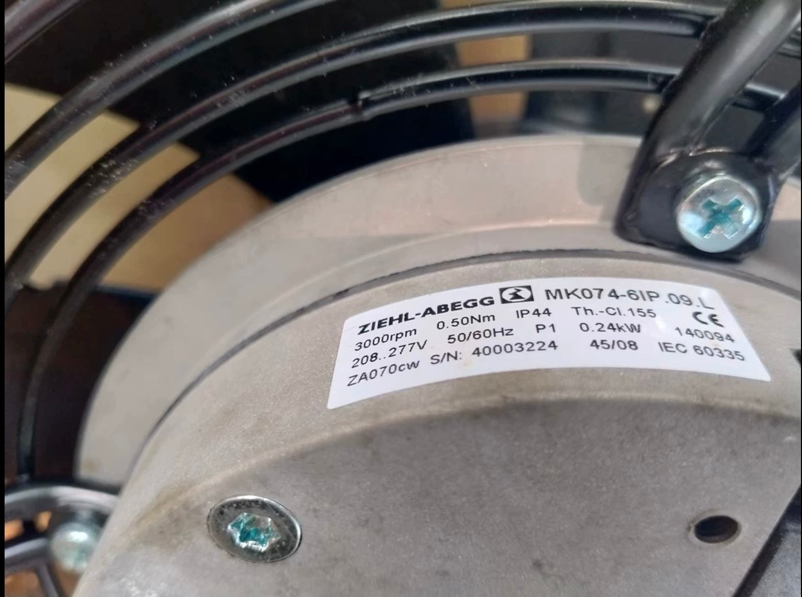 FN025-6IK.OE.V7 MK074-6IK.09.L ZIEHL-ABEGG Axial Fan 0.23kW 200/277V 1.65/1.2A 3000rpm