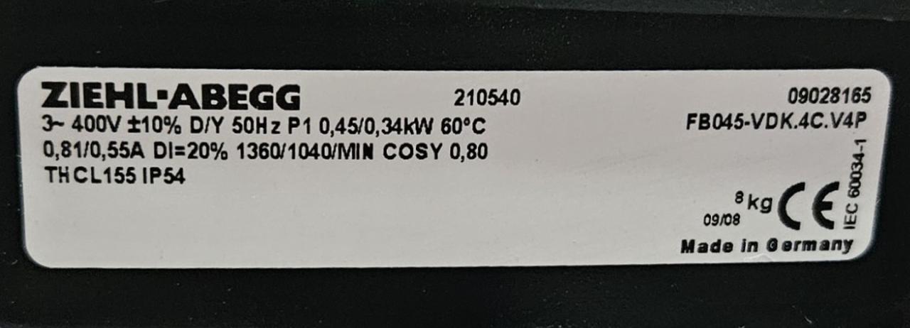 FB045-VDK.4C.V4P ZIEHL-ABEGG Axial Fan 400V 0,45/0,34kW 0.81/0.55A 1360/1040rpm