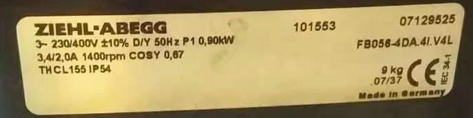 FB056-4DA.4I.V4L ZIEHL-ABEGG Axial Fan 400V 0.9kW 3.4/2.0A 1400rpm