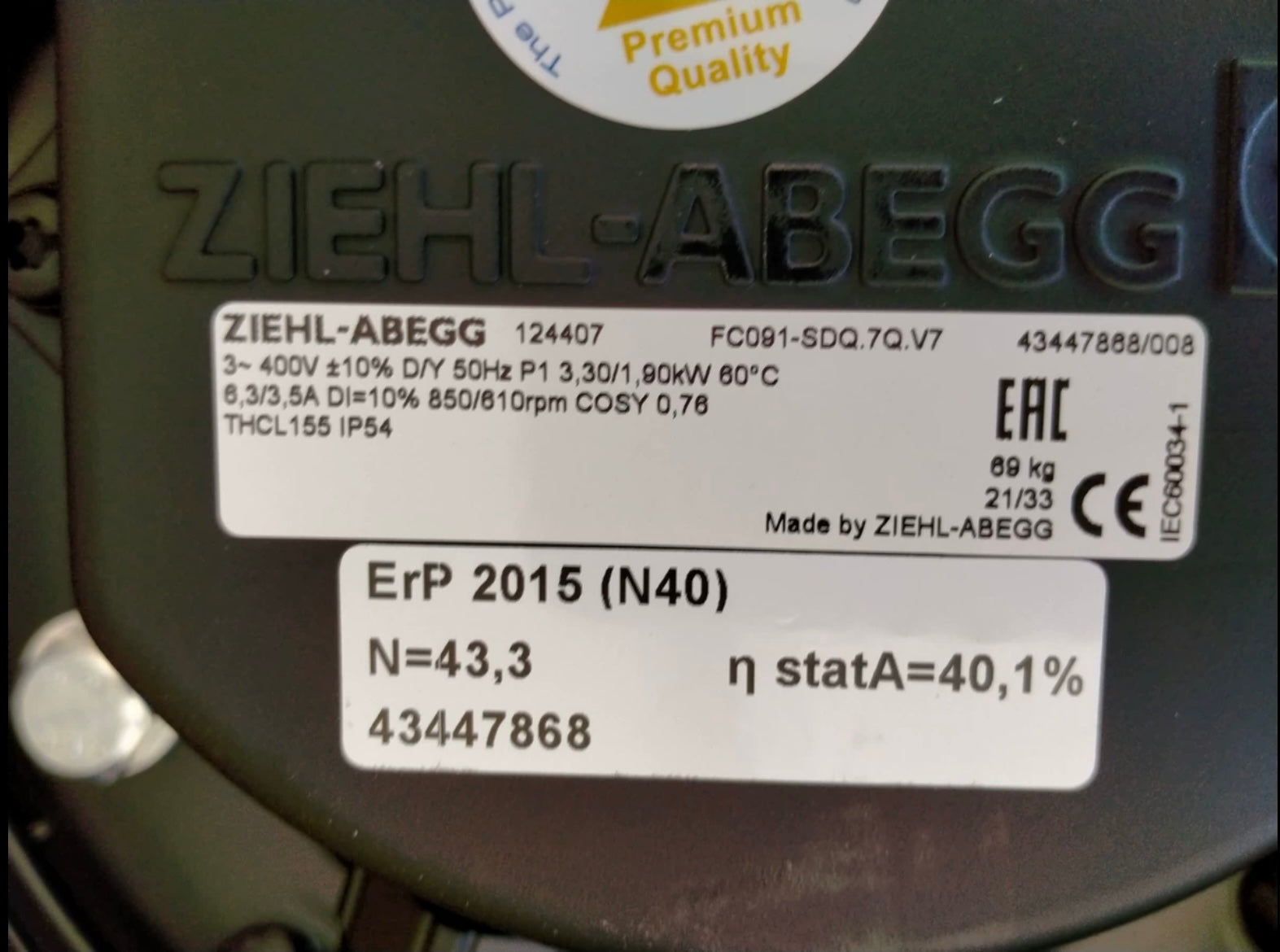 FC091-SDQ.7Q.V7 ZIEHL-ABEGG Axial Fan 3.3/1.9kW 3/400V 6.3/3.5A 850/610rpm