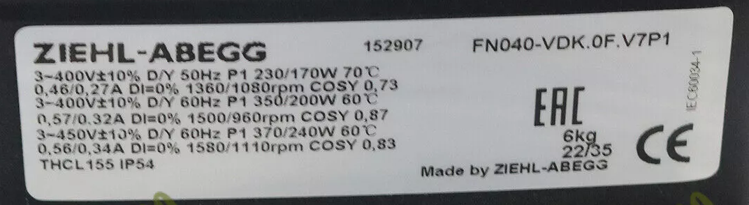 FN040-VDK.0F.V7P1 ZIEHL-ABEGG Axial Fan 400V 0.37/0.17kW 0.27/0.56A 1080/1580rpm