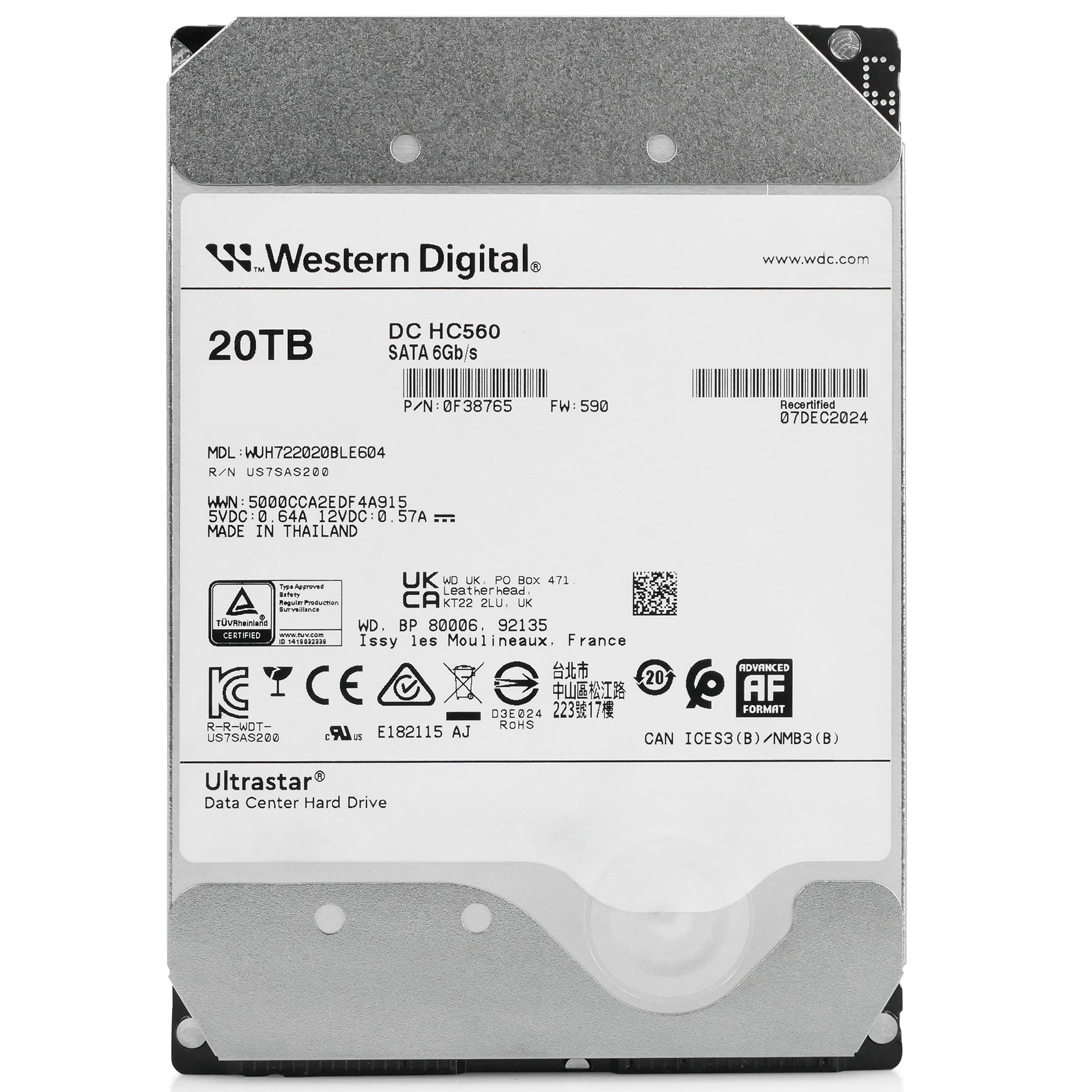 Western Digtial Ultrastar DC HC560 WUH722020BLE604 0F38765 20TB 7.2K RPM SATA 6Gb/s 512e 3.5in Hard Drive