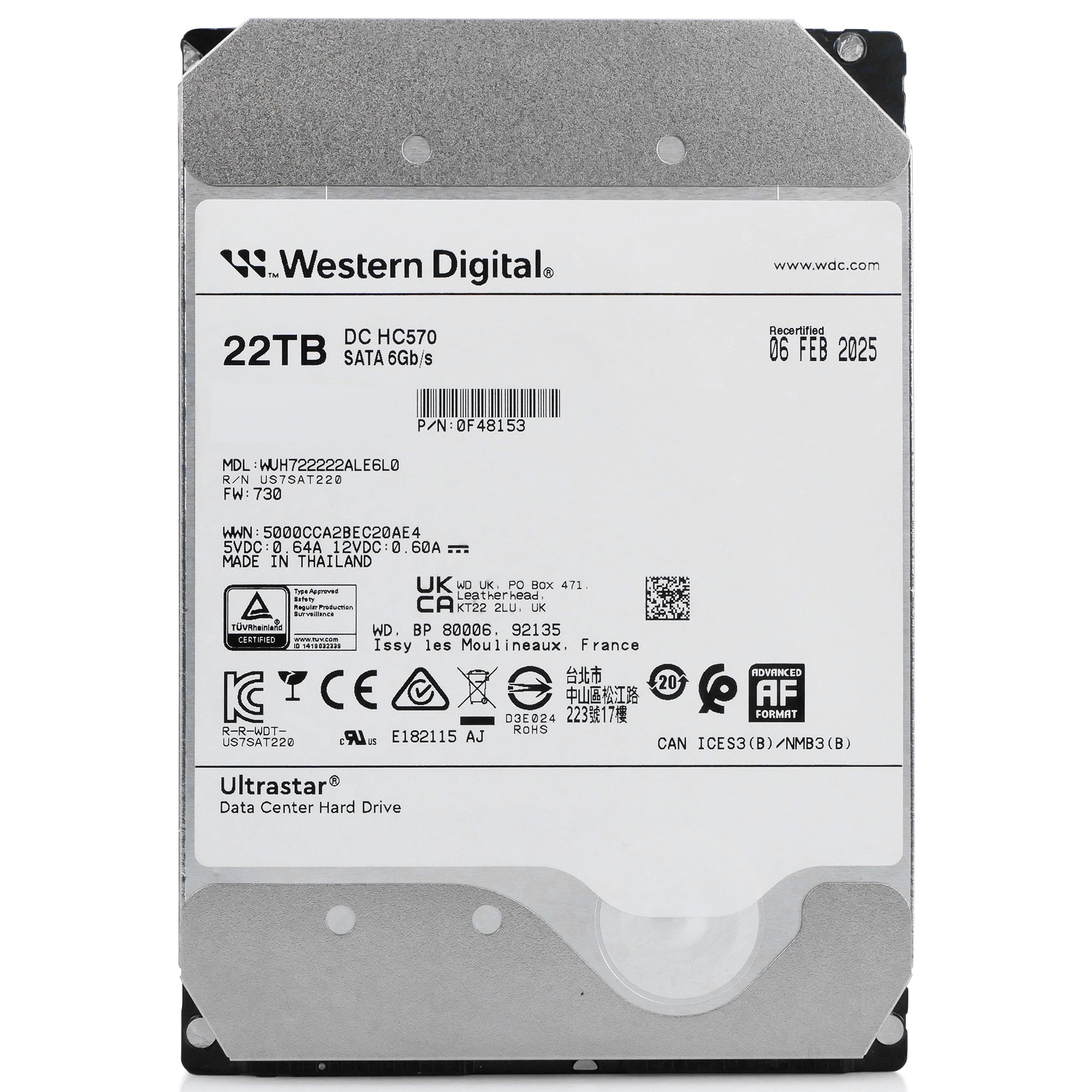 Western Digital Ultrastar DC HC HC570 WUH722222ALE6L0 0F48153 22TB 7.2K RPM SATA 6Gb/s 512e 3.5in Recertified Hard Drive