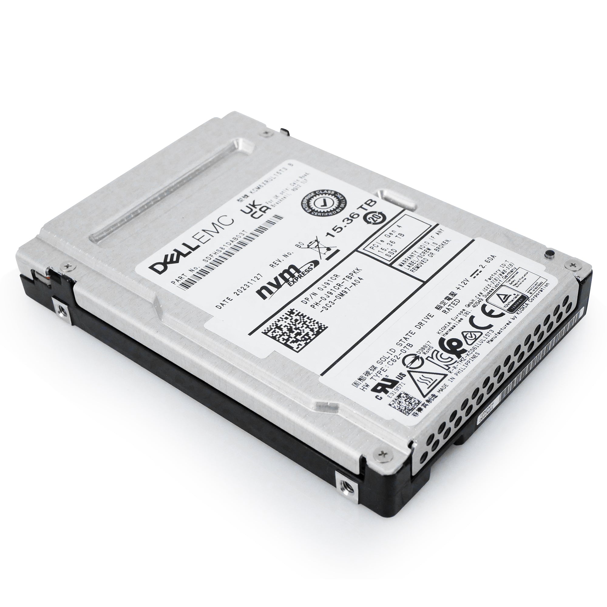 Dell/Kioxia CM6-R KCM6XRUL15T3 15.36TB 1 DWPD PCIe Gen 4.0 x4 8GB/s 3D TLC U.3 NVMe 2.5in Recertified Solid State Drive