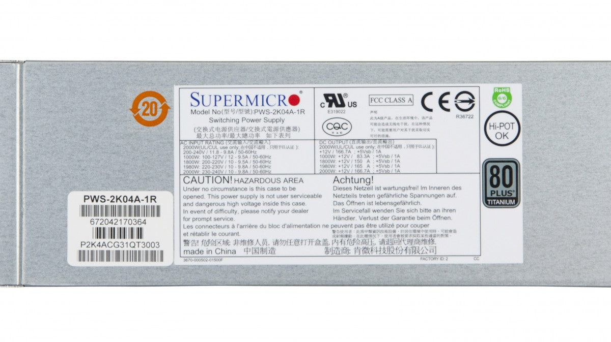 Supermicro PWS-2K04A-1R 2000W Titanium Level Redundancy 1U AC-DC Power Supply - PWS-2K04A-1R.