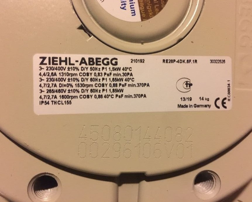 RE28P-4DK.6F.1R ZIEHL-ABEGG Centrifugal Fan 3~230/400V 1.5/1.85KW 2.6/4.7A 1310/1600rpm