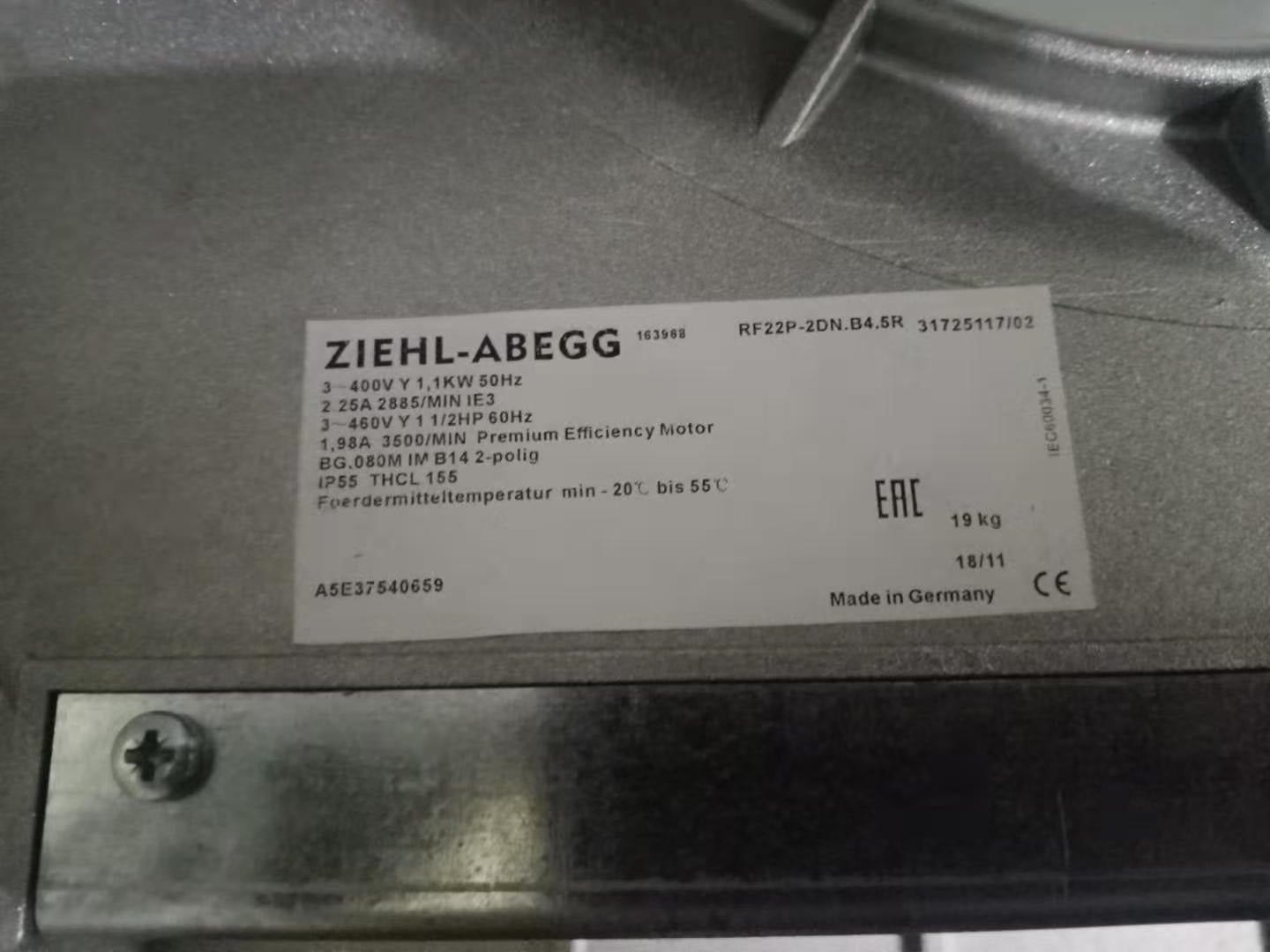 RF22P‐2DN.B4.5R ZIEHL-ABEGG centrifugal fan 400V AC 2.25A Siemens 1PH718/1PH7224/1PH7228 Series Spindle Servo Motor
