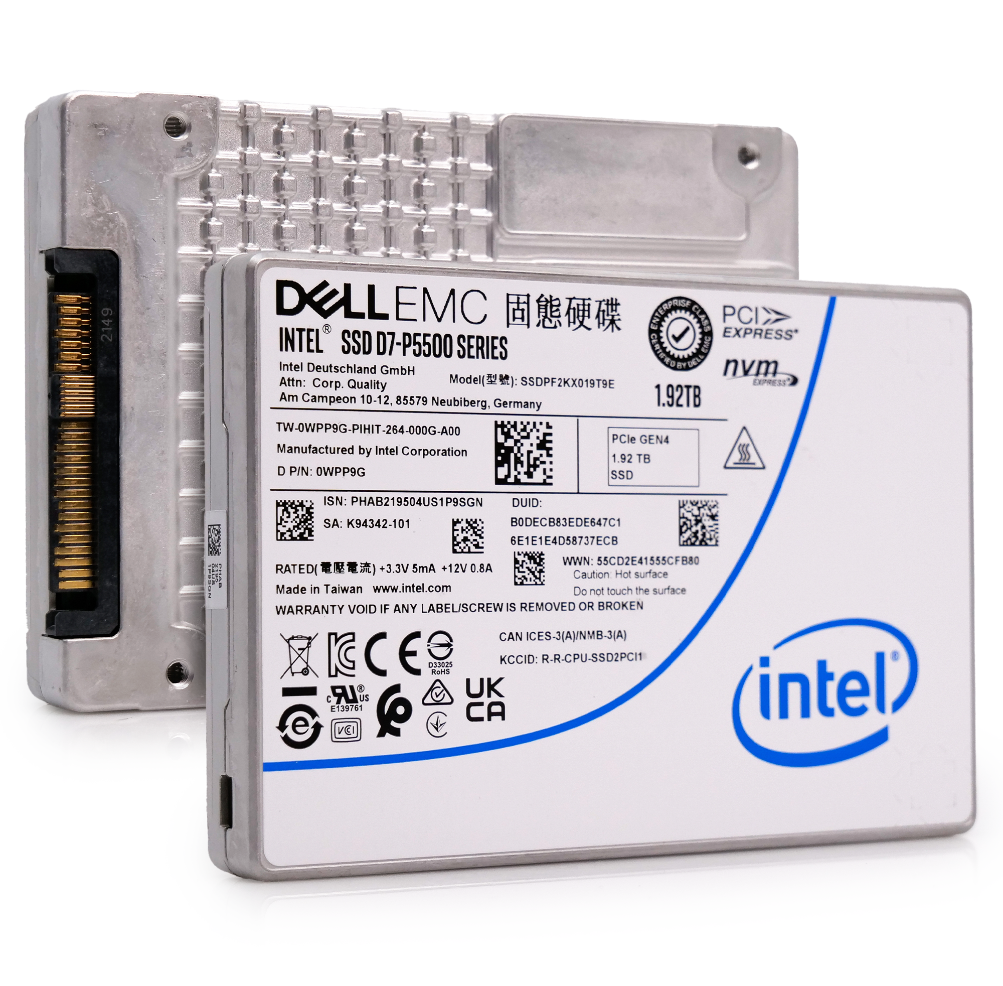 Intel P5500 SSDPF2KX019T9O 0WPP9G 1.92TB 1 DWPD PCIe 4.0 x4 8GB/s 3D TLC U.2 NVMe 2.5in Enterprise Solid State Drive