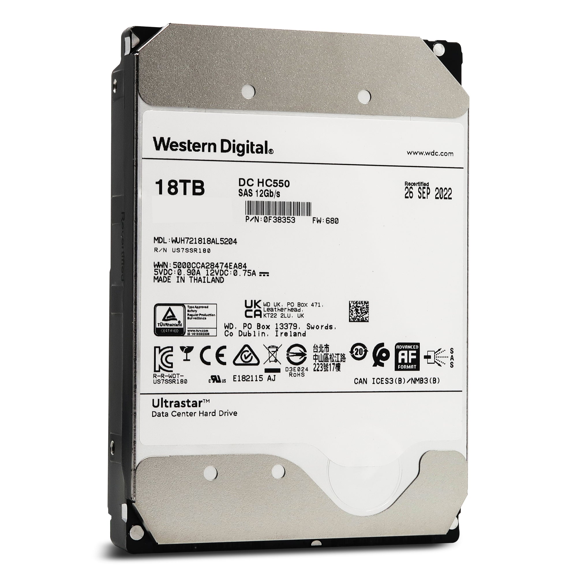 Western Digital Ultrastar DC HC550 WUH721818AL5204 0F38353 18TB 7.2K RPM SAS 12Gb/s 512e 3.5in Recertified Hard Drive