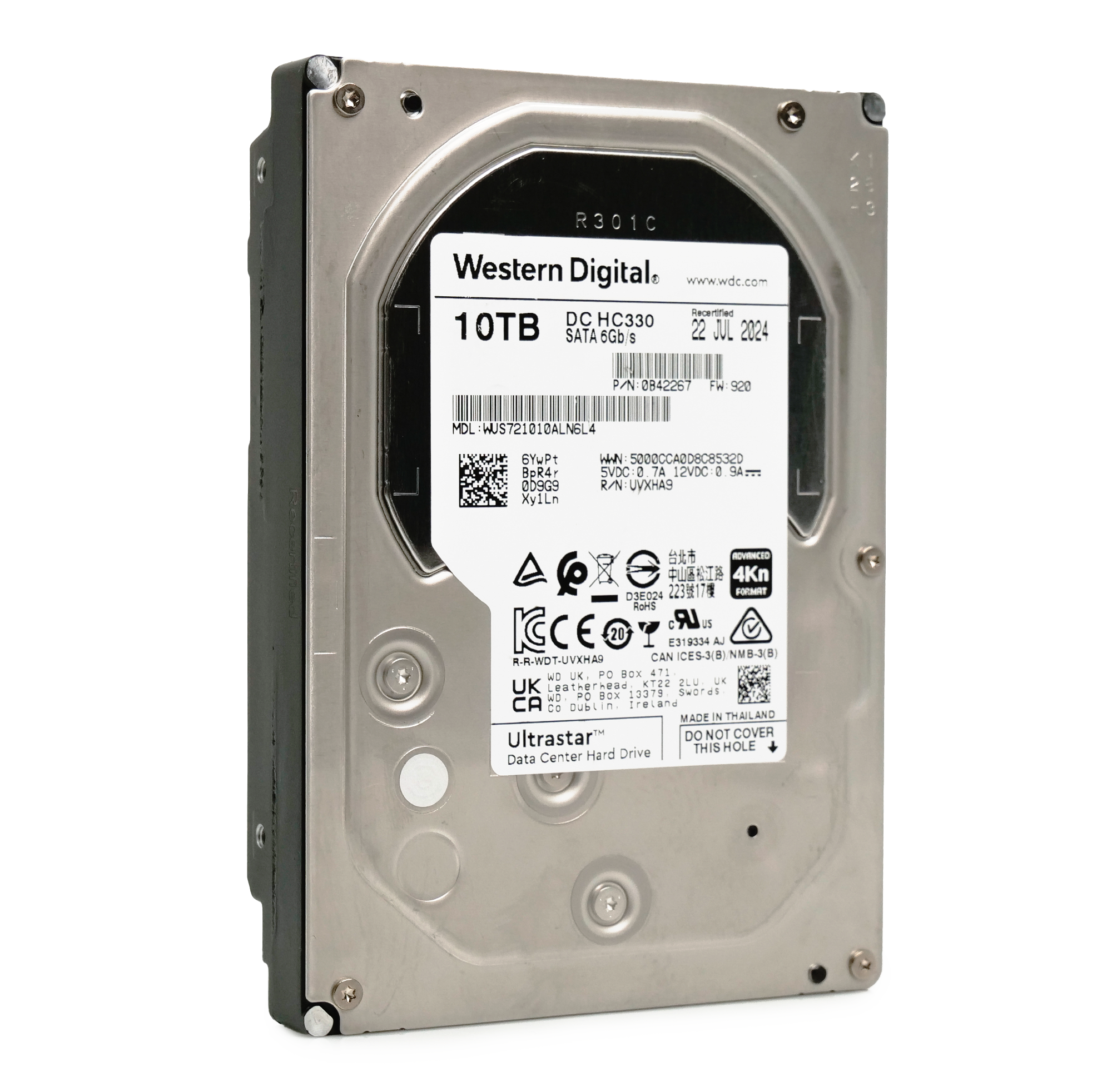 Western Digital Ultrastar DC HC330 WUS721010ALN6L4 0B42267 10TB 7.2K RPM 4kn SATA 6Gb/s 512e 3.5in Recertified Hard Drive