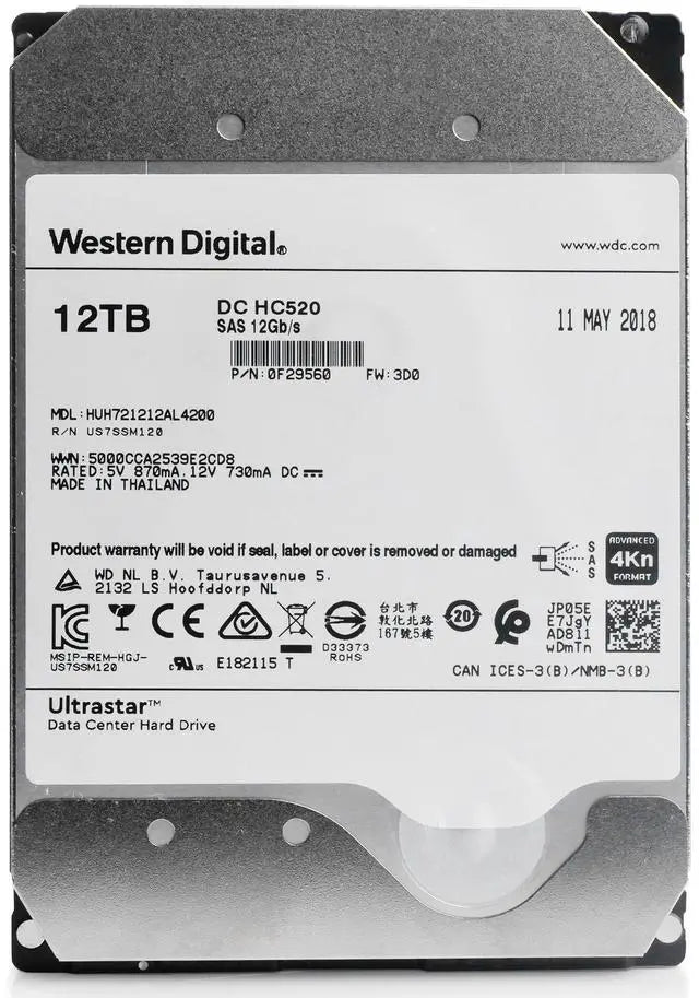 Western Digital Ultrastar DC HC520 HUH721212AL4200 0F29560 12TB 7.2K RPM SAS 12 Gb/s 4Kn 3.5in Seller Refurbished HDD