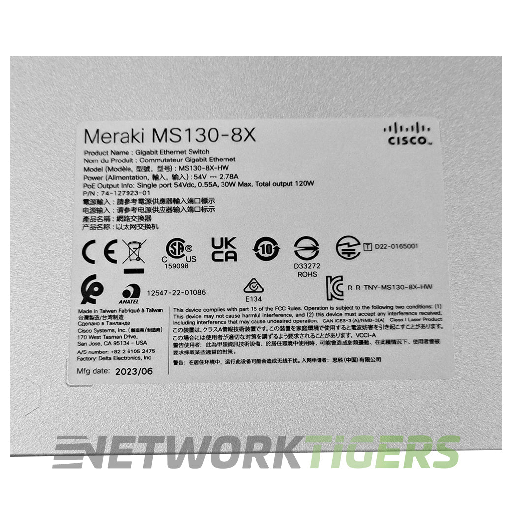 Cisco Meraki MS130-8X-HW 6x MultiGB PoE++ RJ45 2x 10GB SFP+ Unclaimed Switch