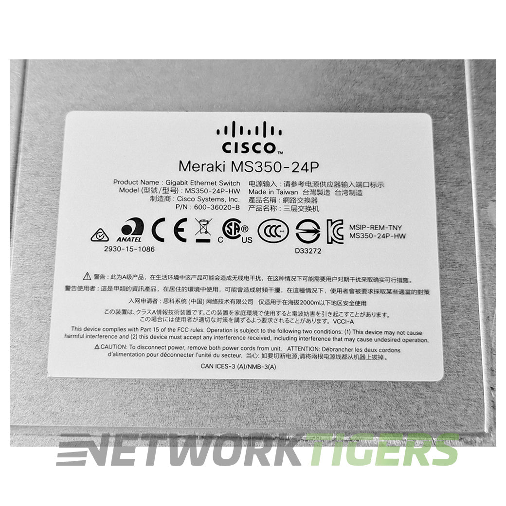 Cisco Meraki MS350-24P-HW 24x 1GB PoE+ RJ45 4x 10GB SFP+ Unclaimed Switch