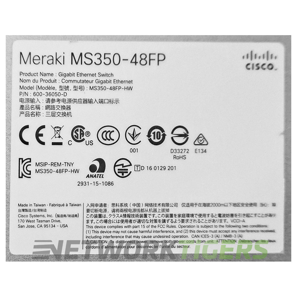 NEW Cisco Meraki MS350-48FP-HW 48x 1GB PoE+ RJ45 4x 10GB SFP Unclaimed Switch