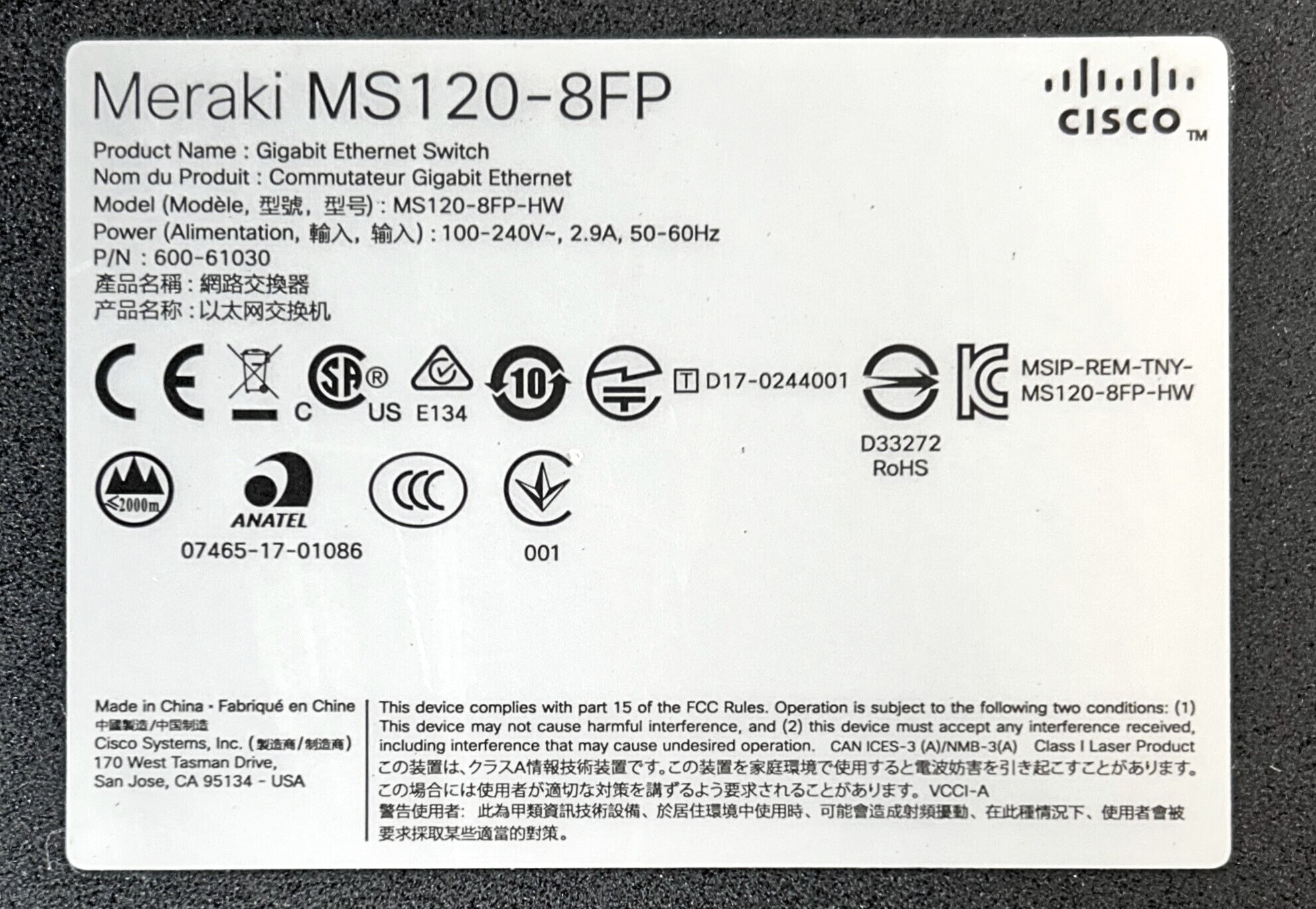 Cisco MS120-8FP MS120-8FP 1G L2 CLOUD MANAGED 8x1G