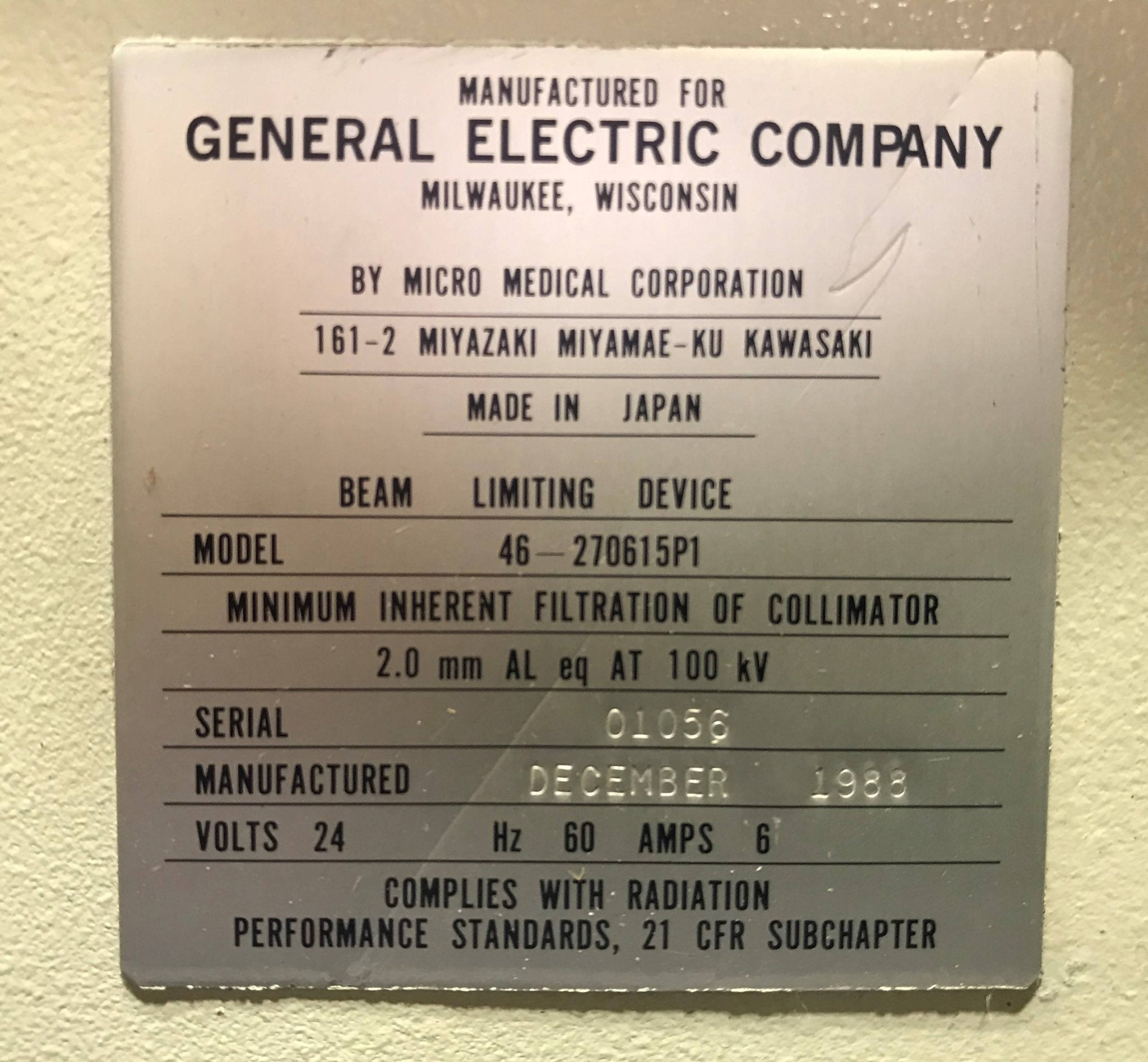 Collimator (46-270615 P1 GE AMX 4