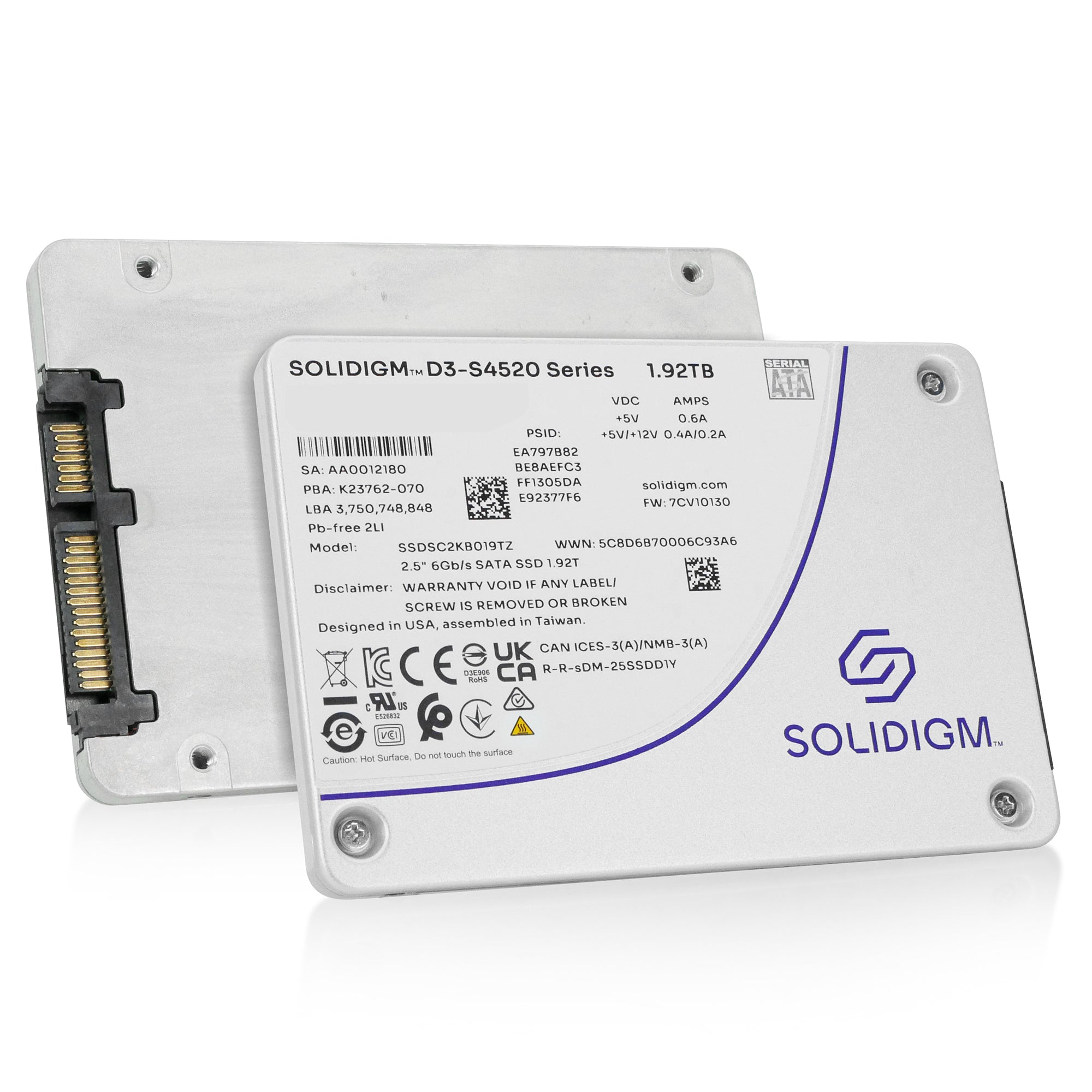 Solidigm/Intel D3-S4520 SSDSC2KB019TZ1Z 1.92TB 1 DWPD SATA 6Gb/s 3D TLC 2.5in Recertified Solid State Drive