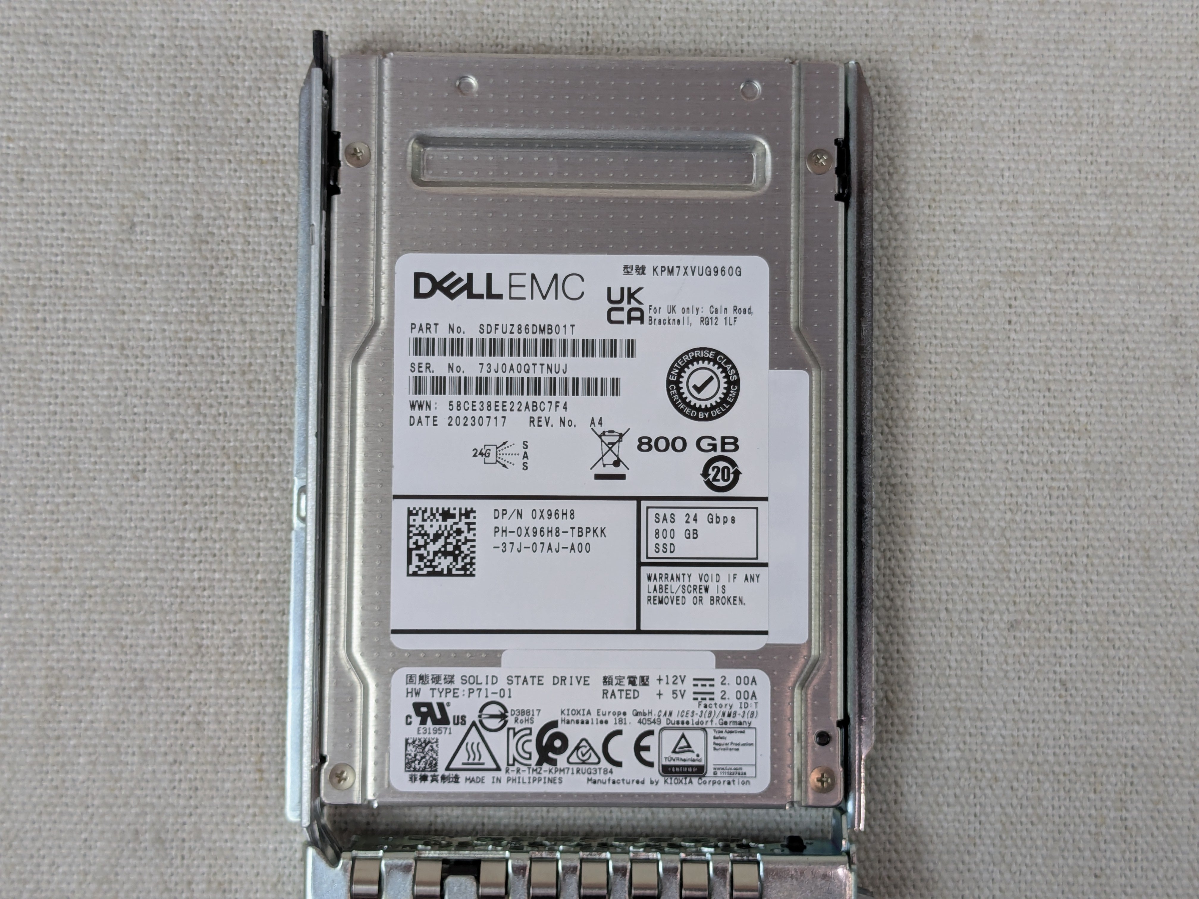 Dell X96H8 800GB 24Gb/s 2.5" SAS Mix Use SSD KPM7XVUG960G w/ ME5 Tray