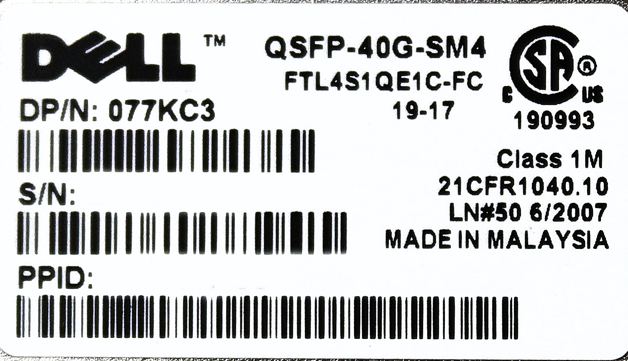 Dell 77KC3 Dell 40GB QSFP+ FC Short Range transceiver