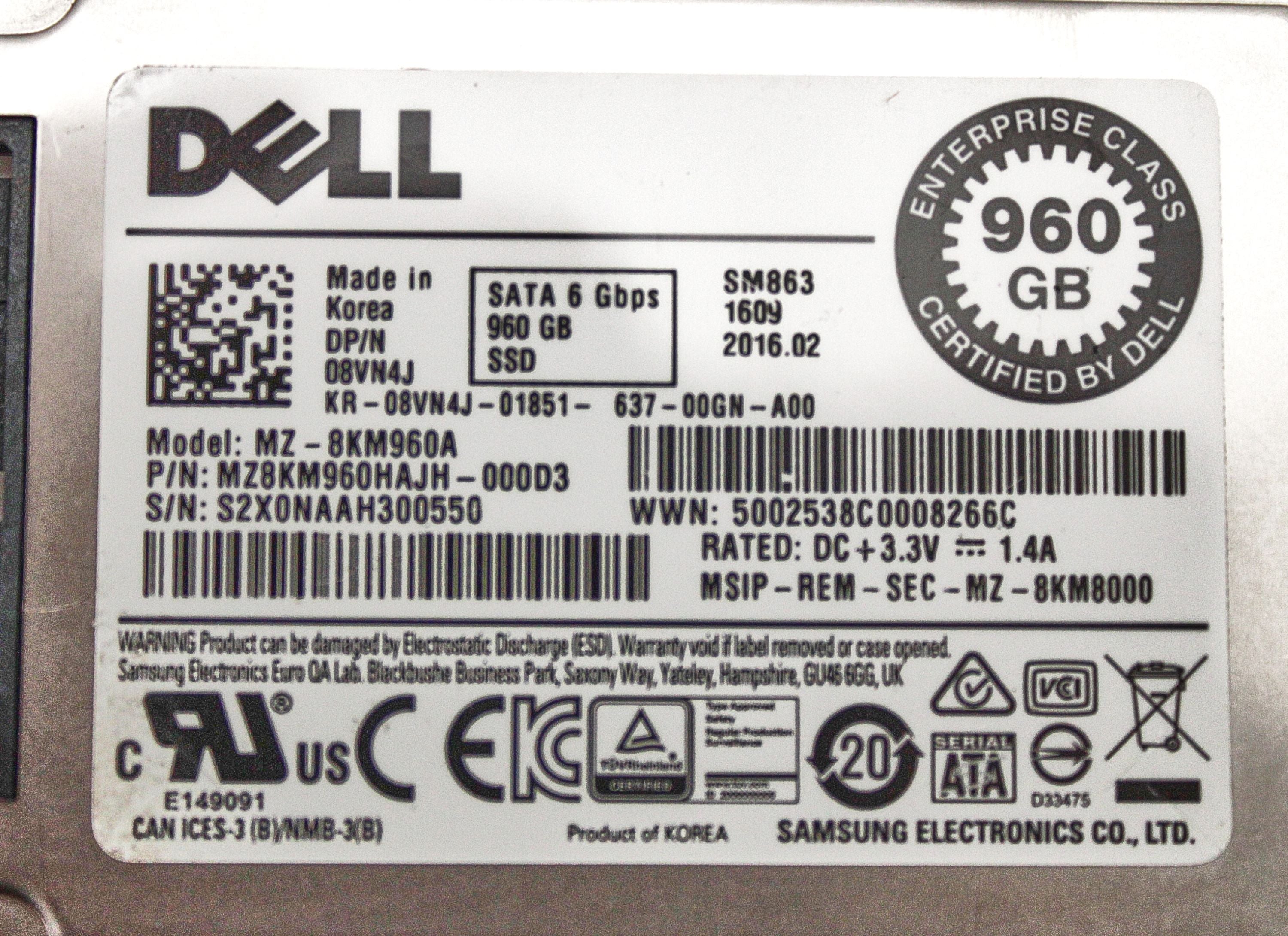 Dell 8VN4J 960GB SSD SATA 6G 1.8 MU MZ8KM960HAJH-000D3 / MZ-8KM960A