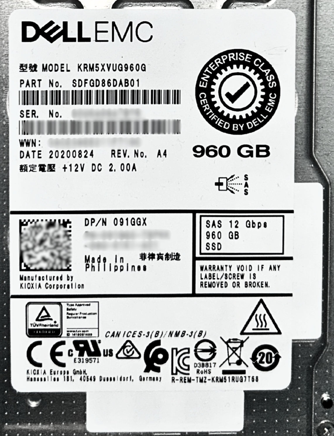 Dell 91GGX 960GB SSD SAS 2.5 12G MU KRM5XVUG960G / SDFGD86DAB01