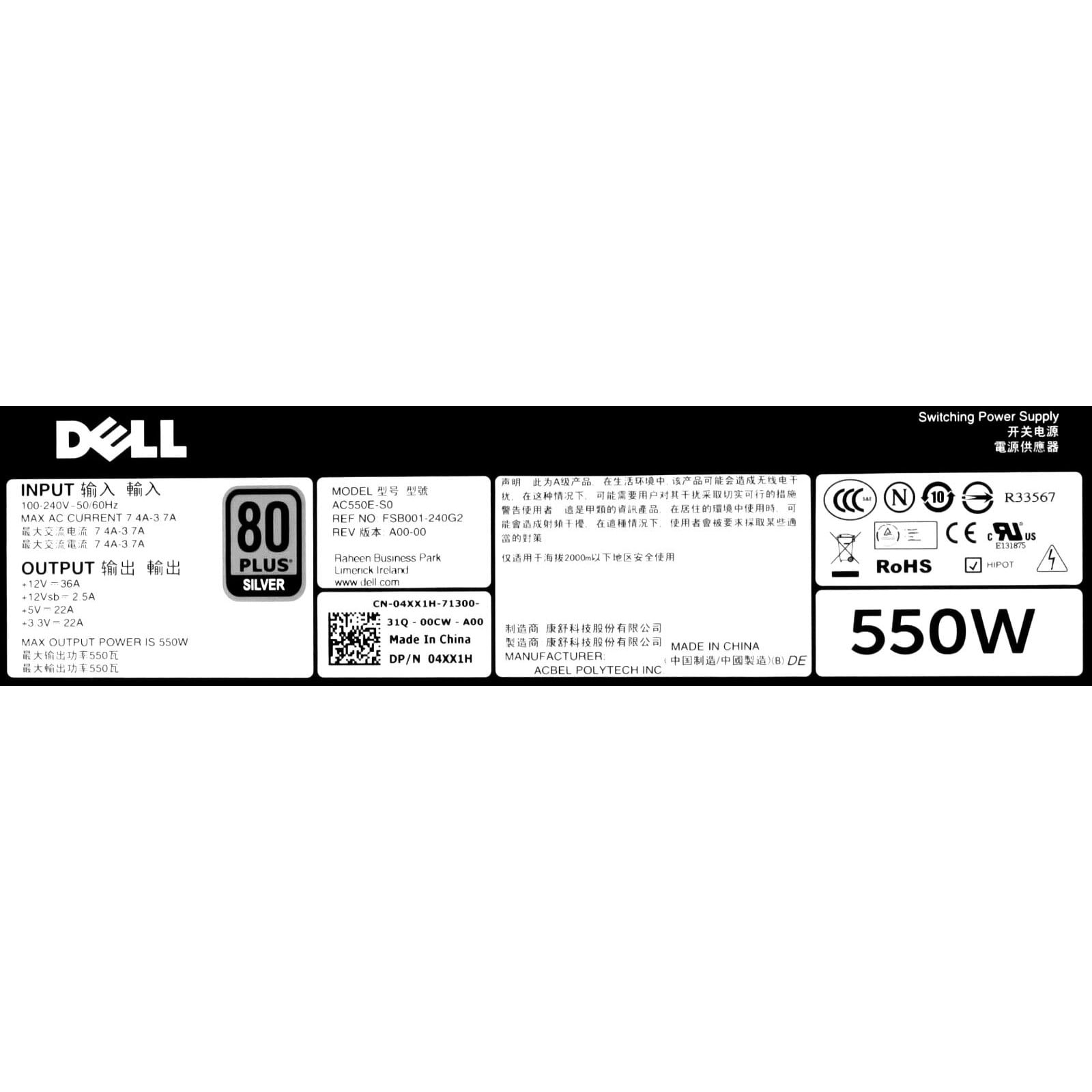 Dell AC550E-S0 550W Power Supply for PowerEdge Servers