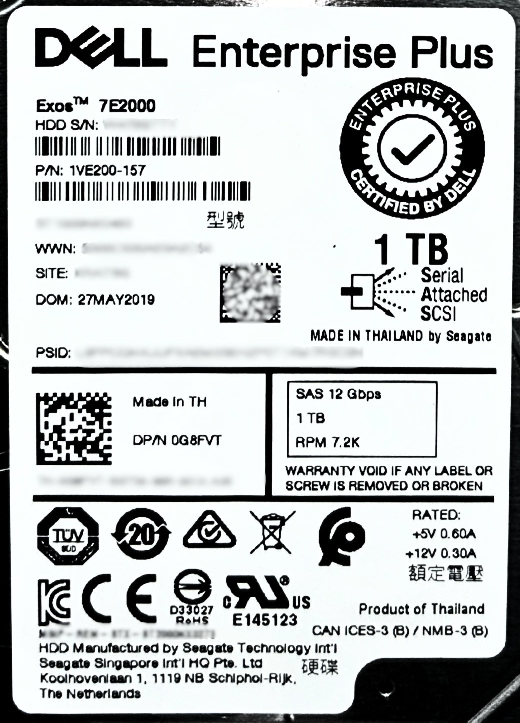 Dell G8FVT 1TB 7.2K SAS 2.5 12G HDD E+