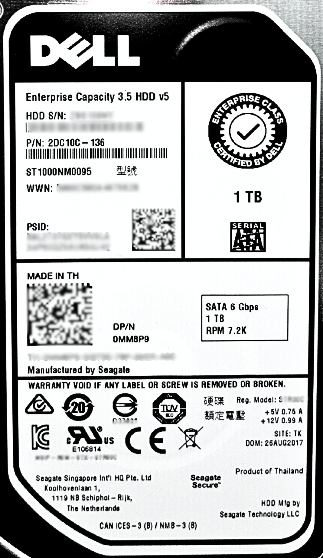 Dell MM8P9 1TB 7.2K SATA 3.5 6G EP ST1000NM0095 / 2DC10C-136