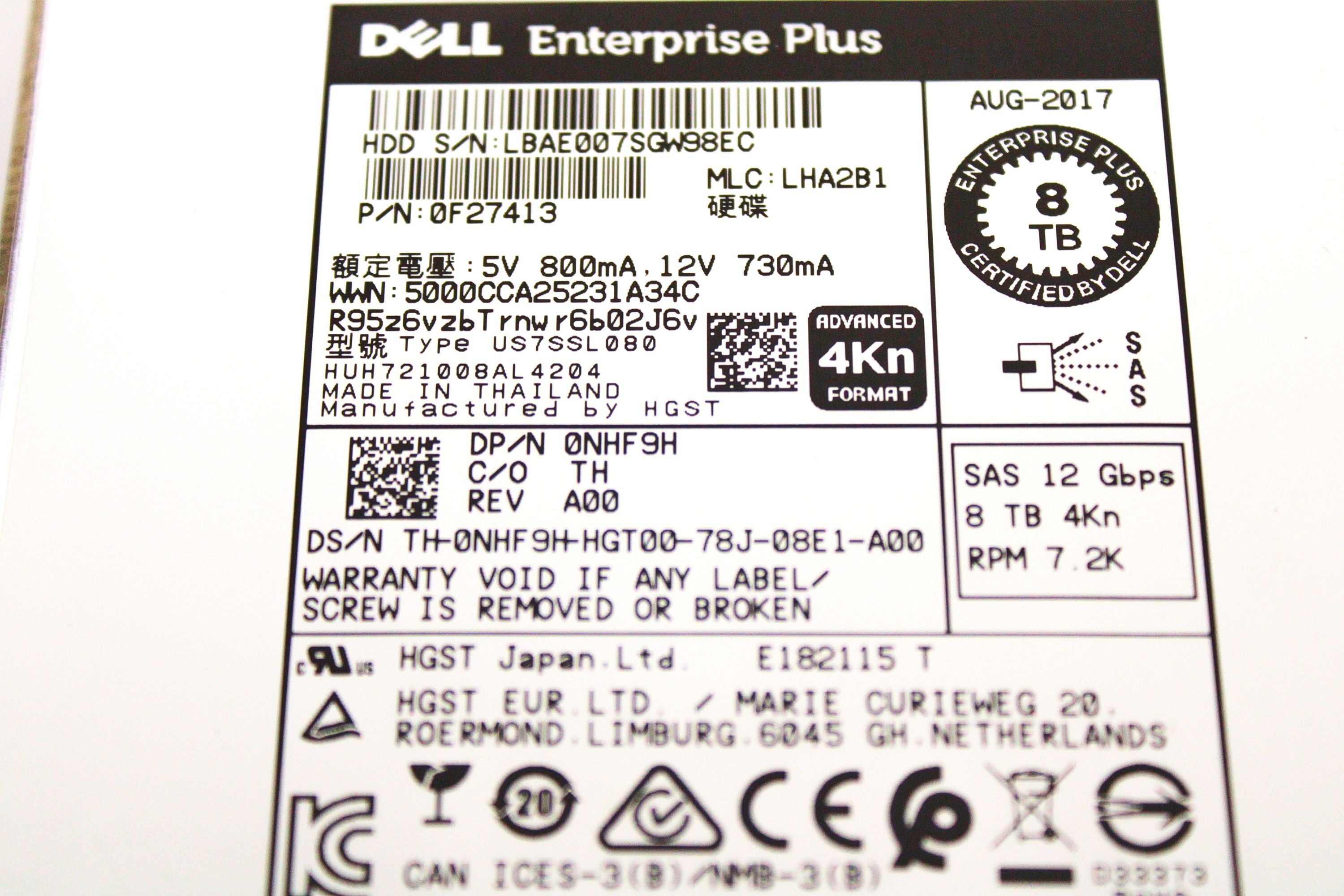 Dell NHF9H-CML 8TB 7.2K SAS 3.5 12G 4K HUH721008AL4204 / 0F27413 Value