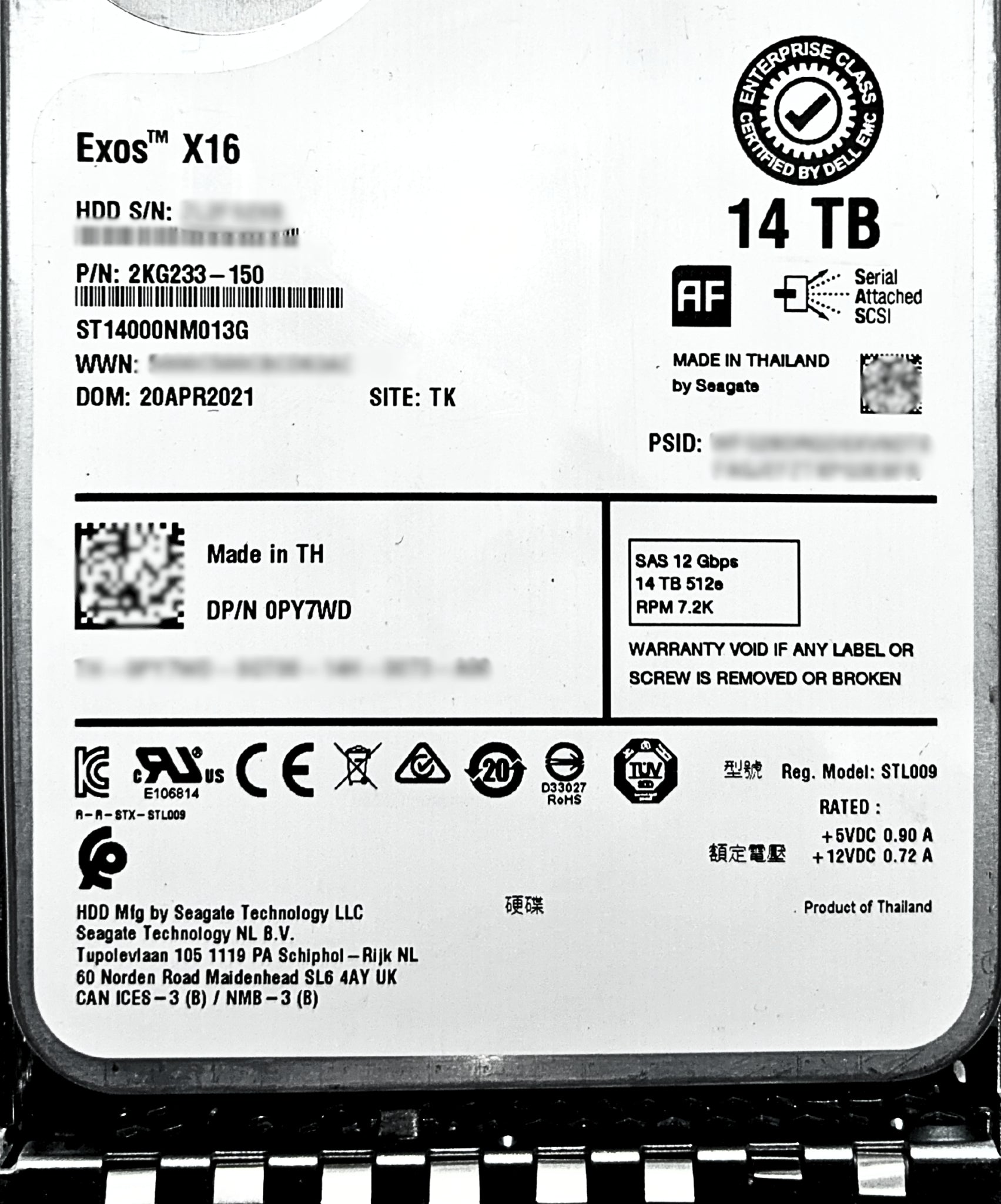 Dell PY7WD 14TB 7.2K SAS 3.5 12G ST14000NM013G