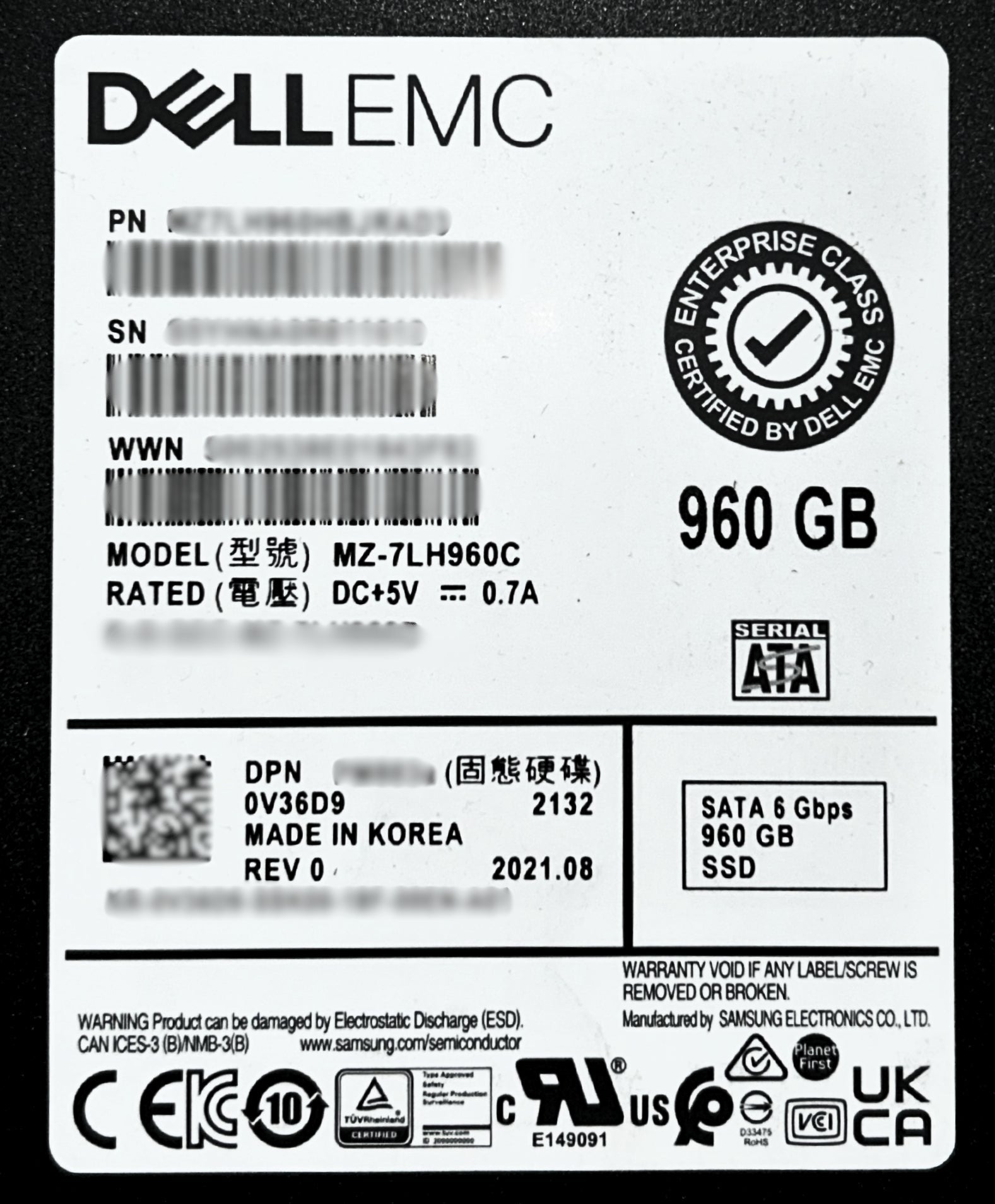 Dell V36D9 960GB SSD 2.5 SATA 6G RI MZ7LH960HBJRAD3
