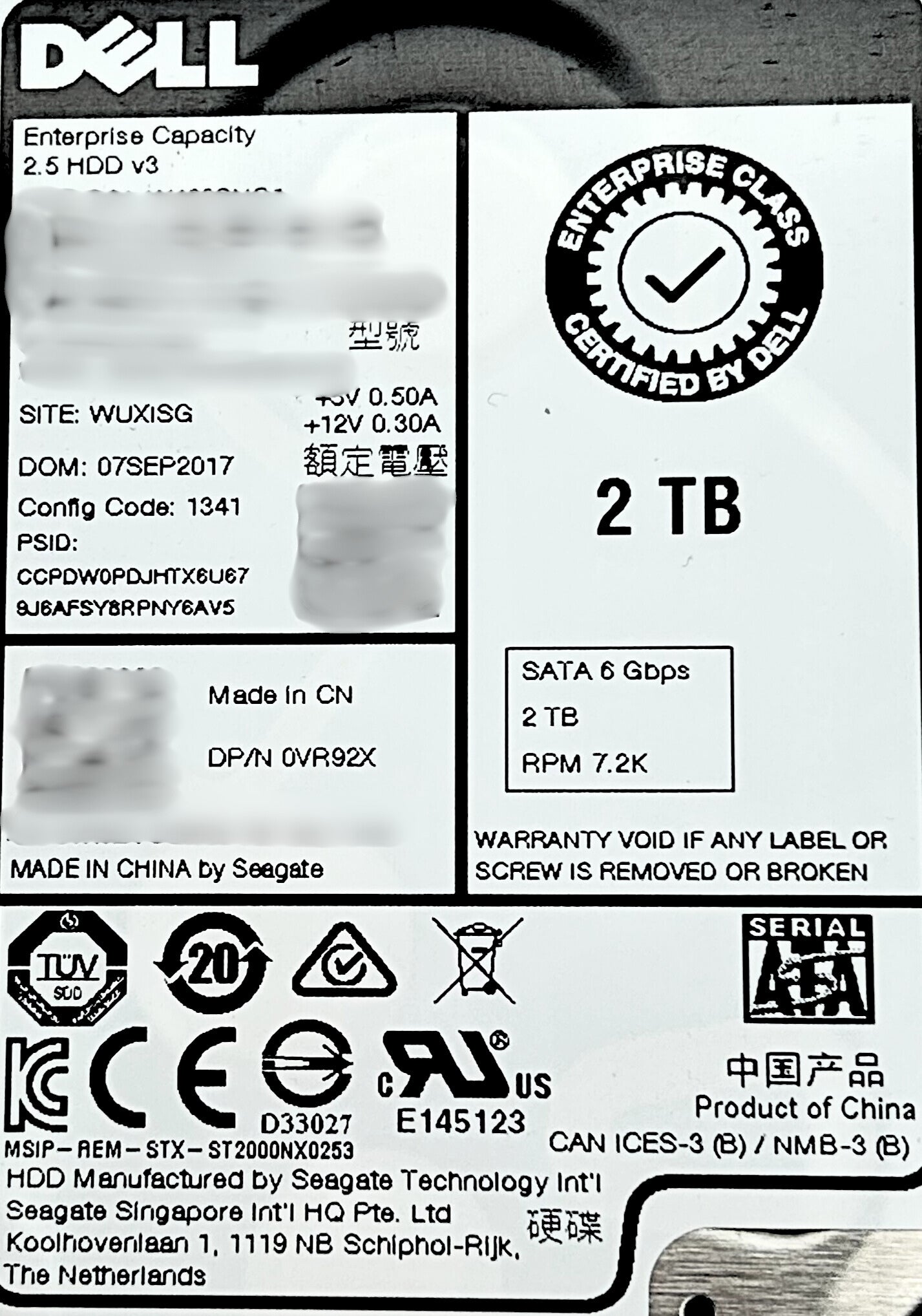 Dell VR92X 2TB 7.2K SATA 2.5 Inch 6G ST2000NX0423 / 1VD130-135