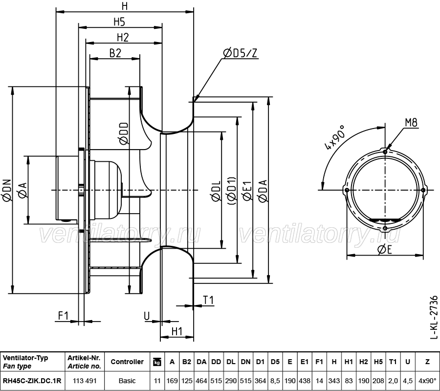 RH45C-ZIK.DC.1R(Art No 169727) ZIEHL-ABEGG centrifugal fan 3-380/480V 1.7kW 2.9/2.3A 1770rpm 50/60HZ