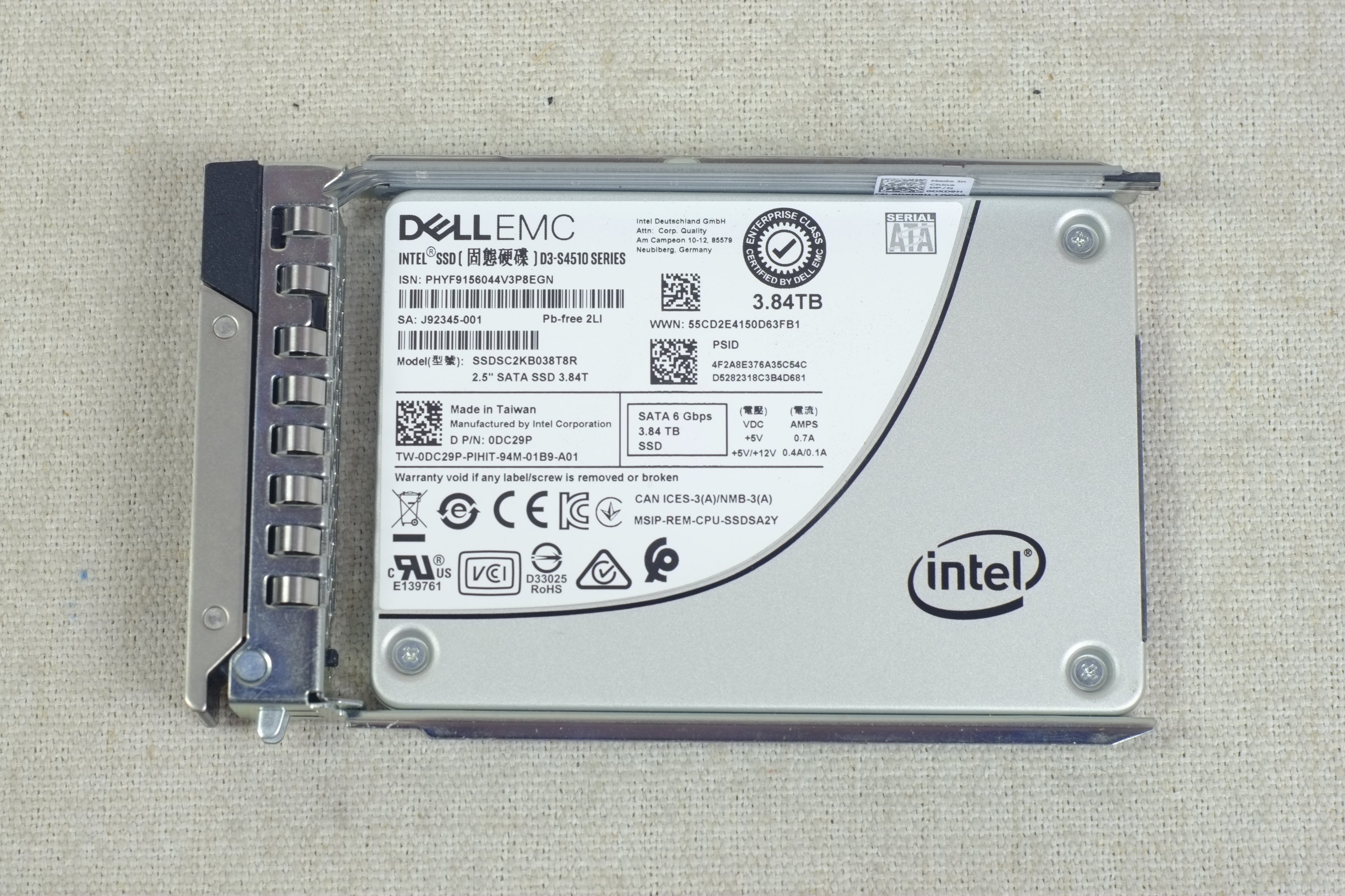 Dell DC29P 3.84TB 6Gb/s 2.5” SATA SSD Intel D3-S4510 SSDSC2KB038T8R
