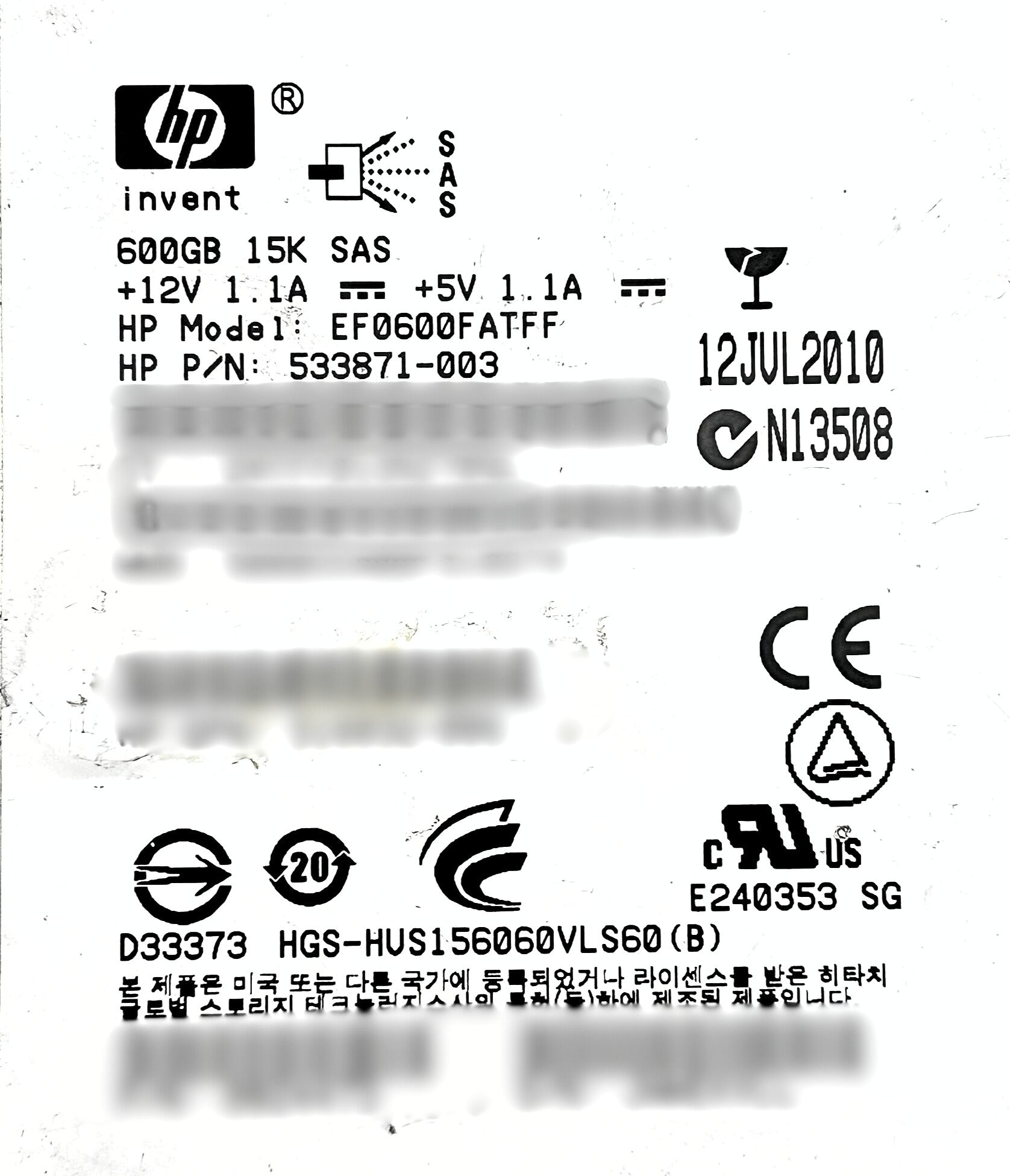 HP 533871-003 600GB G6 SAS 15K 3.5 Inch LFF DP HDD