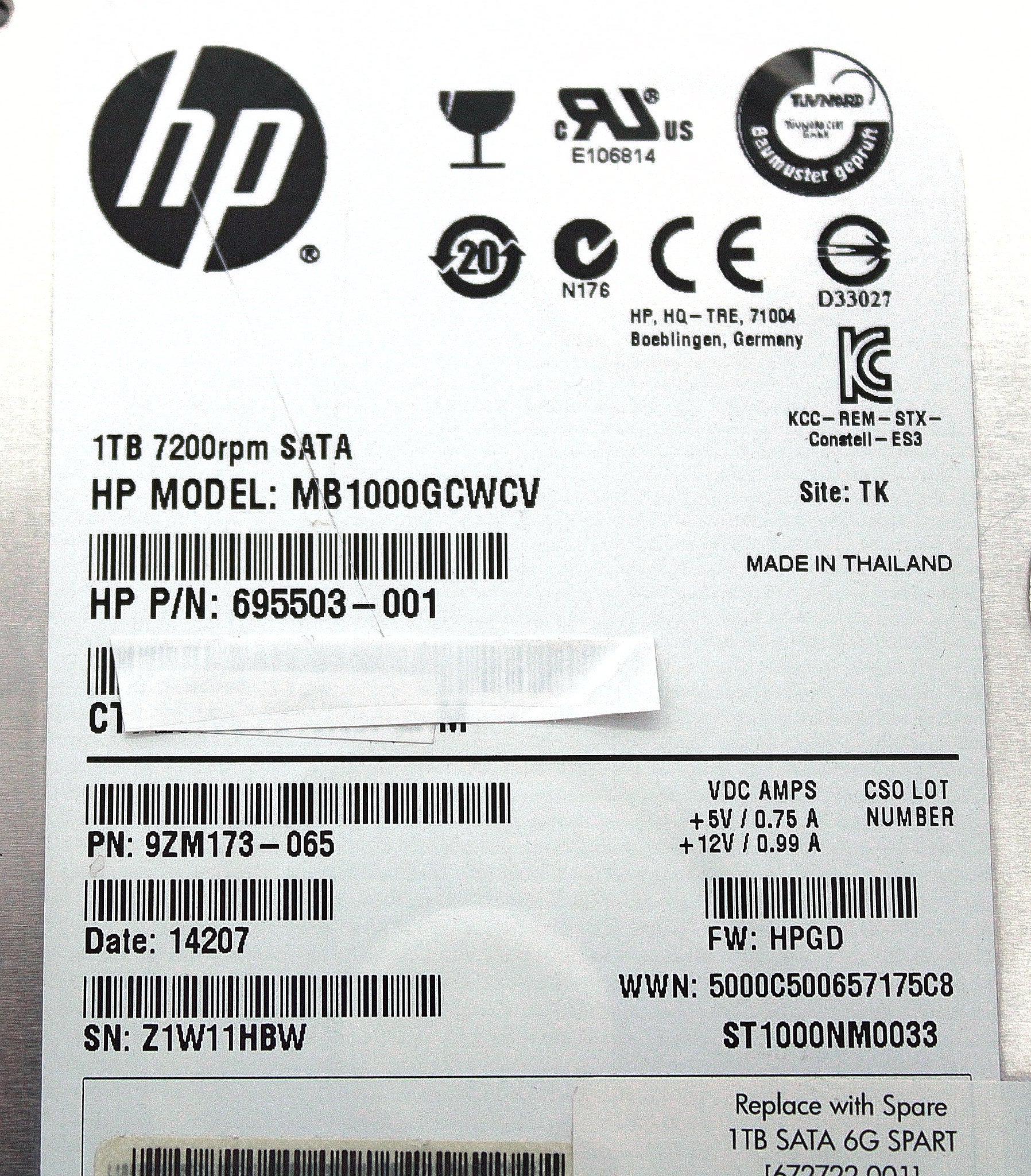 HP 695503-001 1TB 6G SATA 7.2K 3.5IN SC MDL HDD