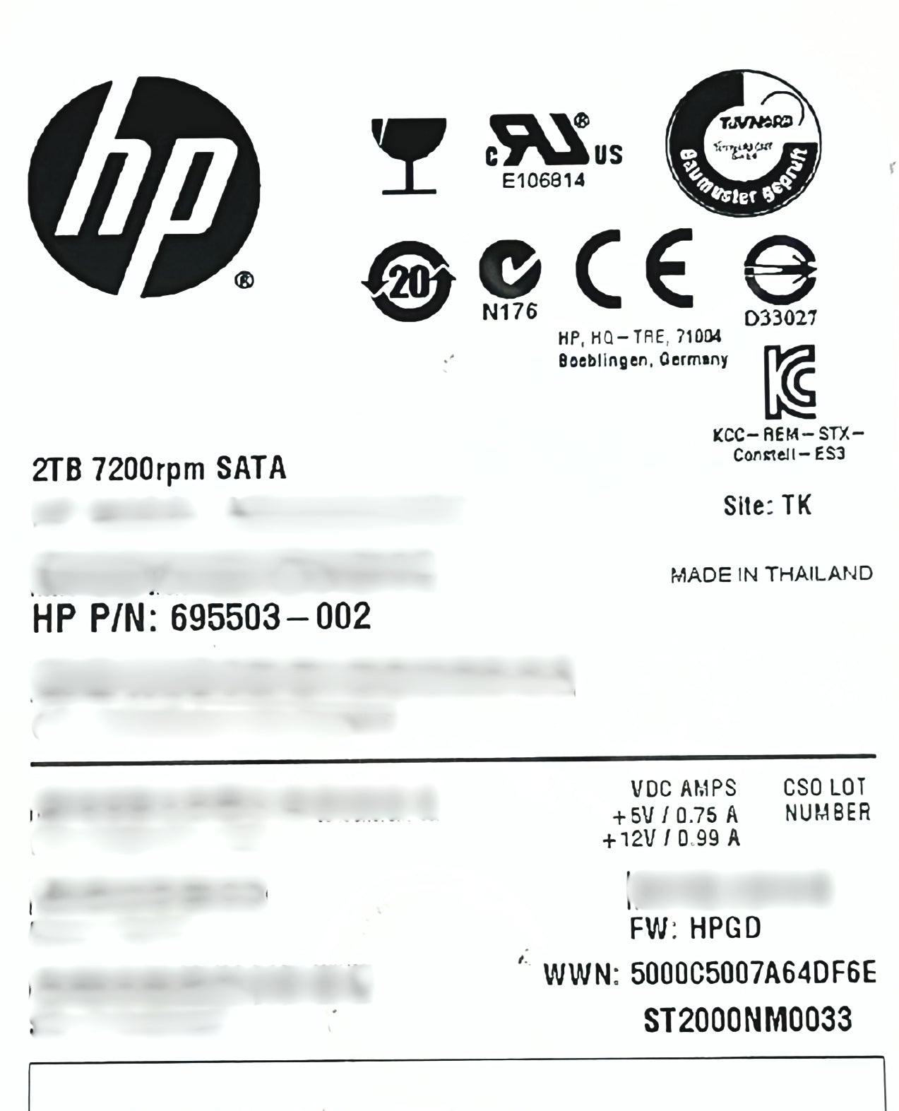 HP 695503-002 HP 2TB 7.2K 3.5 inch SATA 6GBS HDD Hard Disk Drive