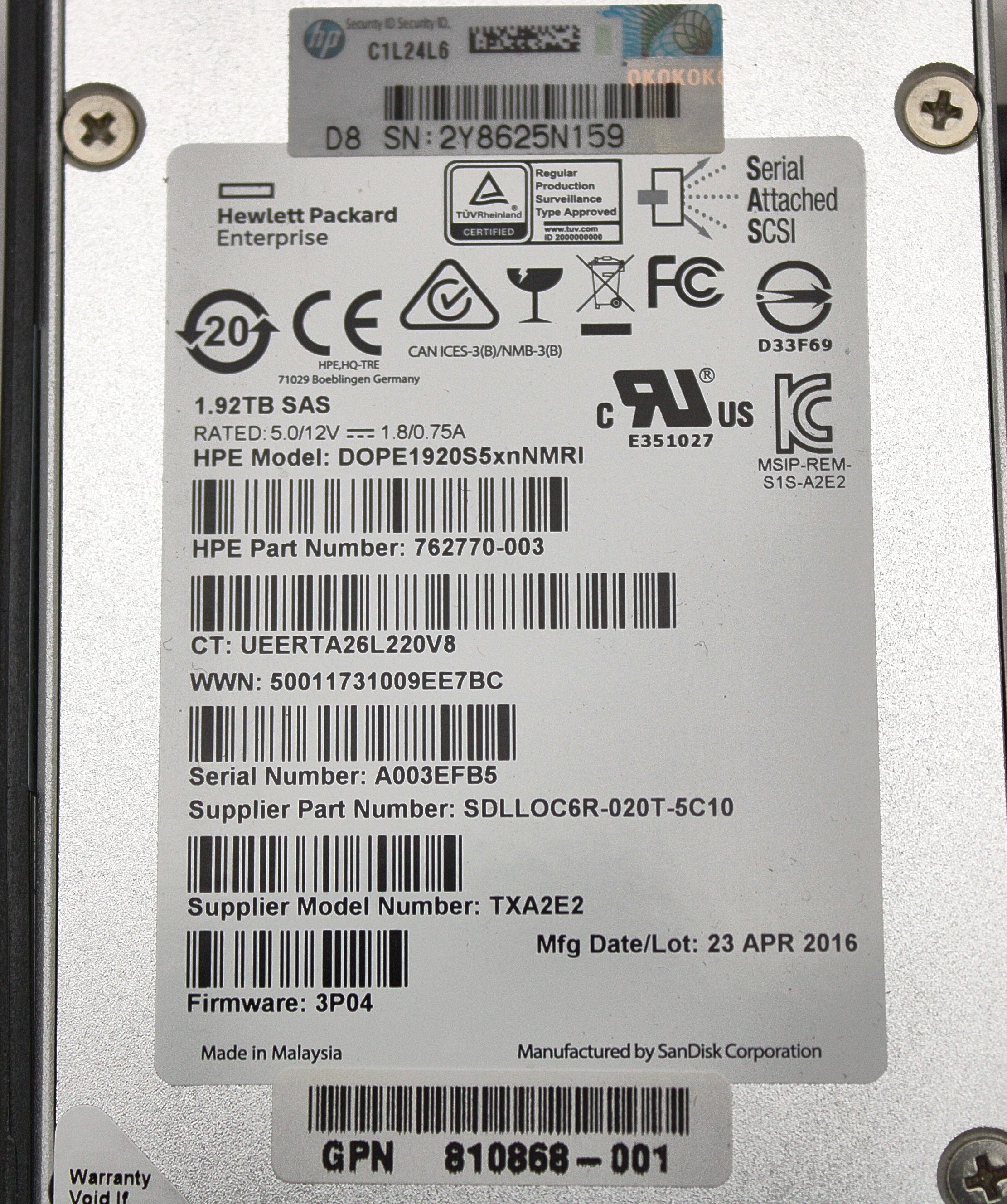 HP 810771-001 1.92TB 6G SFF SAS SSD HDD (3PAR)