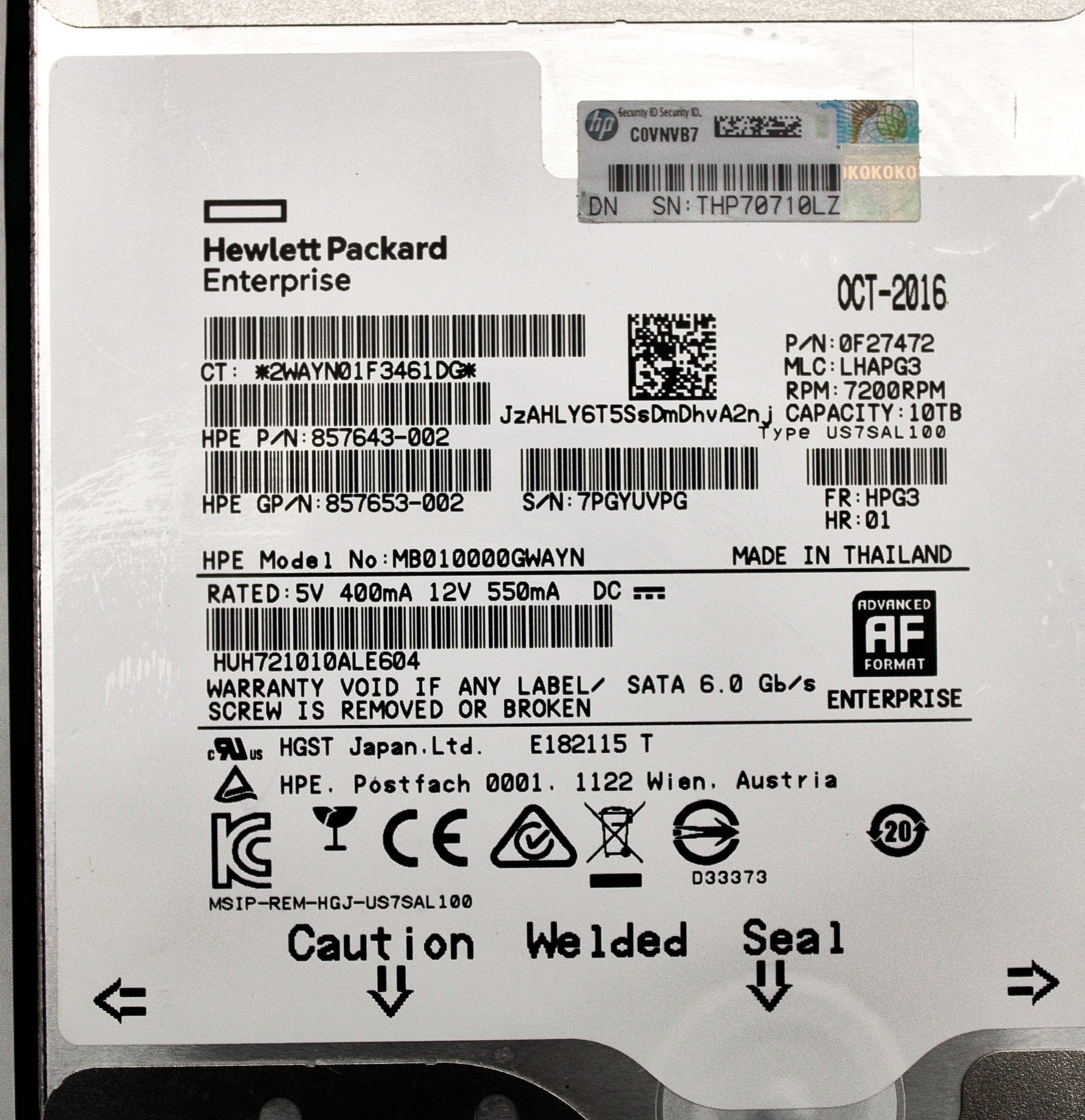 HP 857967-001 10TB 6G 7.2K LFF SATA SC DS HDD