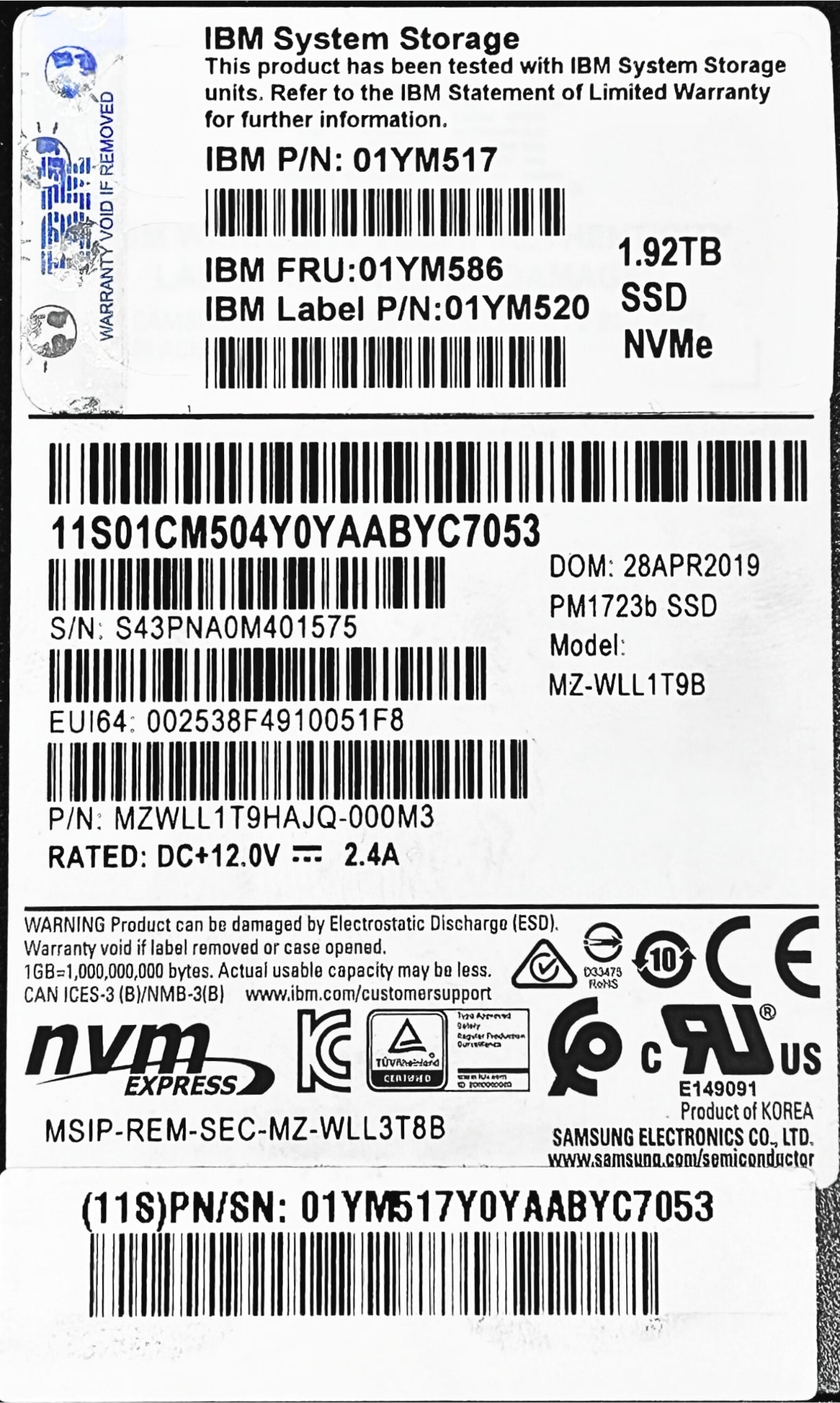 IBM 01YM586 1.92TB 2.5" NVMe Flash Drive