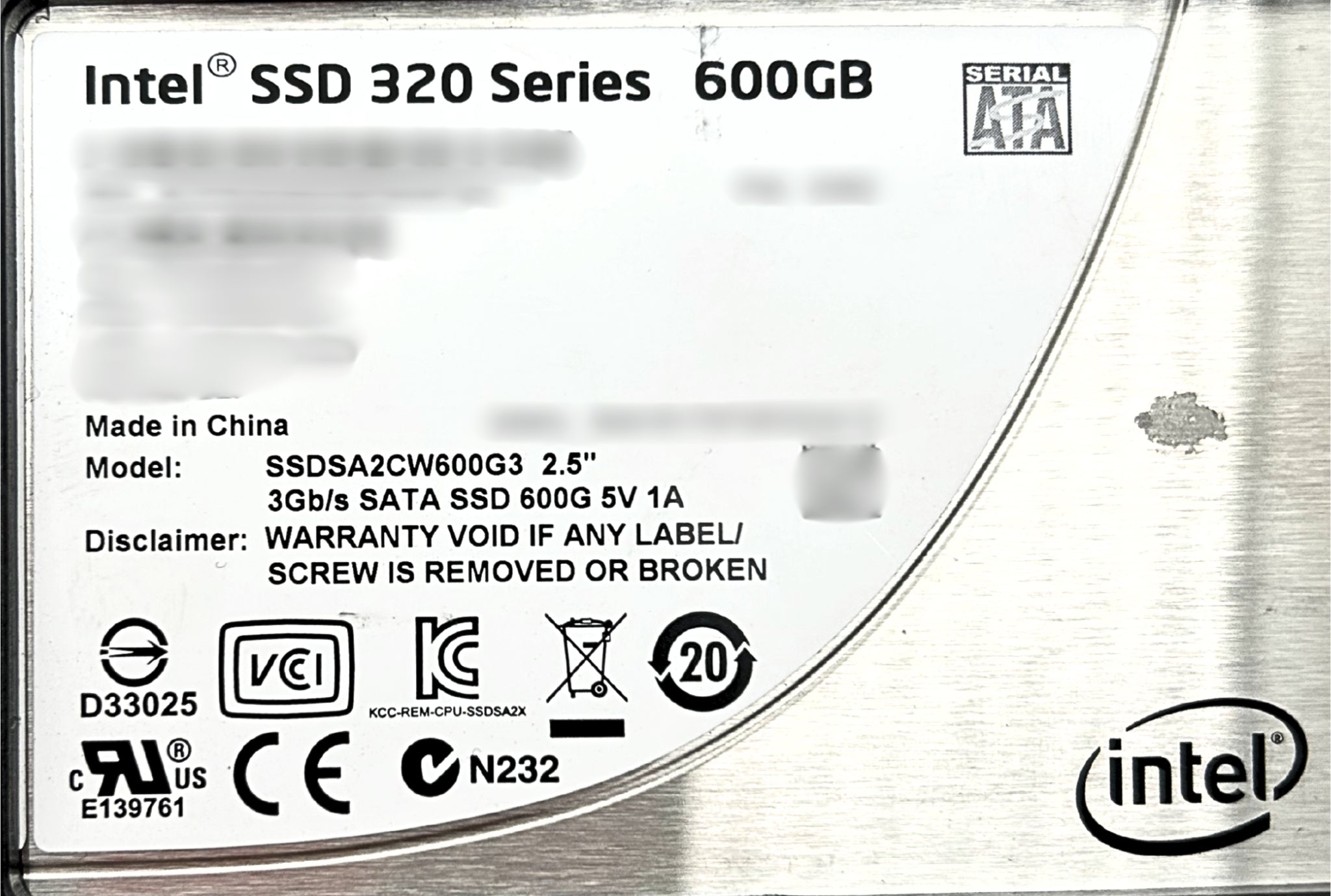 Intel SSDSA2CW600G3 600GB SSD SATA MLC 2.5 Inch 3G SSDSA2CW600G
