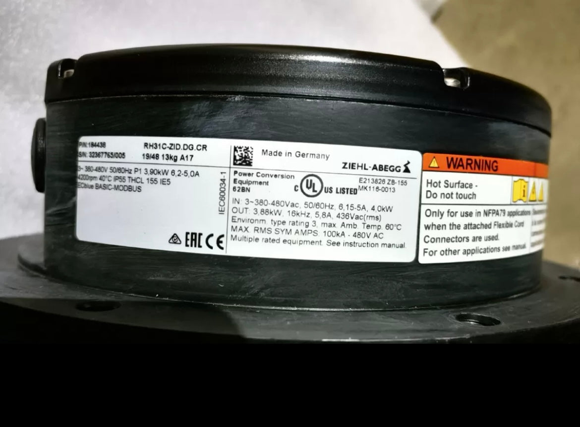 RH31C-ZID.DG.CR ZIEHL-ABEGG centrifugal fan 3-380-480V 50/60HZ 3.9kW, 6.2A High-Speed Industrial