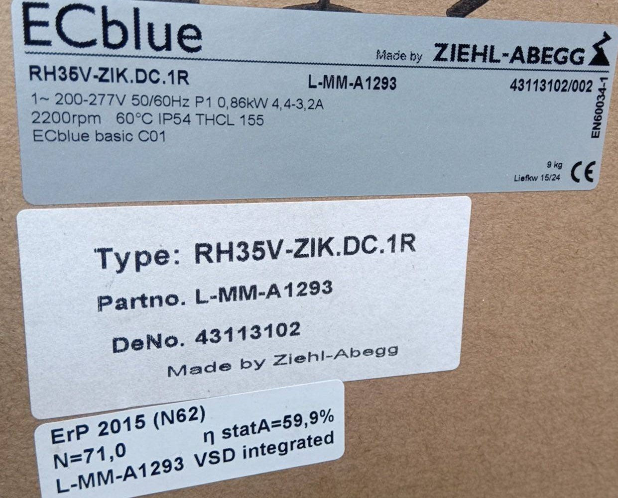 Brand new RH35V-ZlK.DC.1R ZIEHL-ABEGG centrifugal fan 200-277V/380-480V 0.86kW 2200RPM